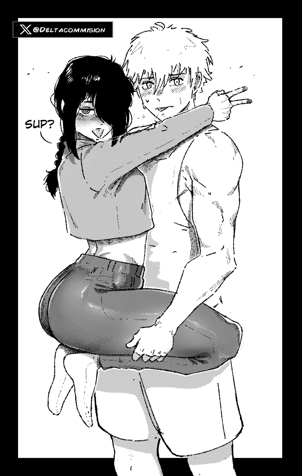 delta art, denji (chainsaw man), nayuta (chainsaw man), chainsaw man, commentary, english commentary, highres, 1boy, 1girl, after kiss, ass, blush, carrying, carrying person, greyscale, hair over one eye, hetero, long hair, long sleeves, monochrome, pants, saliva, saliva trail, shirt, short hair, tank top, tongue