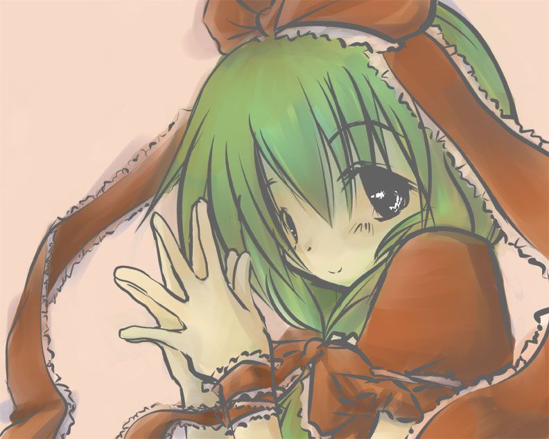 inu wi, kagiyama hina, touhou, 1girl, bow, close-up, female focus, front ponytail, green hair, hair bow, hair ribbon, long hair, ribbon, smile, solo, steepled fingers, wrist ribbon