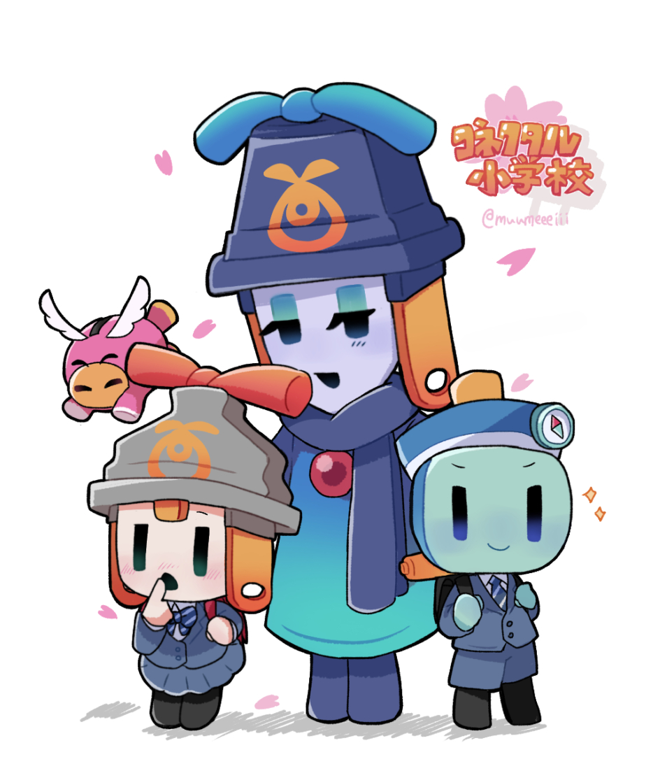 arc (mario), connie (mario), cozette (mario), snoutlet (mario), mario & luigi: brothership, mario & luigi rpg, mario (series), nintendo, 2girls, backpack, bag, blue scarf, blue skin, colored skin, compass, full body, hat, multiple girls, muumeeeiii, sailor hat, scarf, school uniform, standing