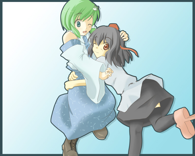 inu wi, kochiya sanae, shameimaru aya, touhou, 2girls, bare shoulders, black hair, black thighhighs, boots, female focus, frog, geta, green hair, hand on another's head, hat, hug, japanese clothes, miko, multiple girls, one eye closed, shoes, smile, snake, tengu-geta, thighhighs, tokin hat, wink