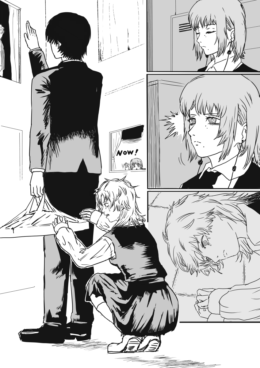 k.rikina, denji (chainsaw man), fami (chainsaw man), famine devil (chainsaw man), yoshida hirofumi, chainsaw man, highres, 2boys, 2girls, bag, building, closed mouth, crying, crying with eyes open, earrings, fourth east high school uniform, greyscale, holding, holding bag, jacket, jewelry, mole, mole under eye, mole under mouth, monochrome, multiple boys, multiple girls, multiple moles, pants, plastic bag, ringed eyes, school uniform, suit jacket, tears, window