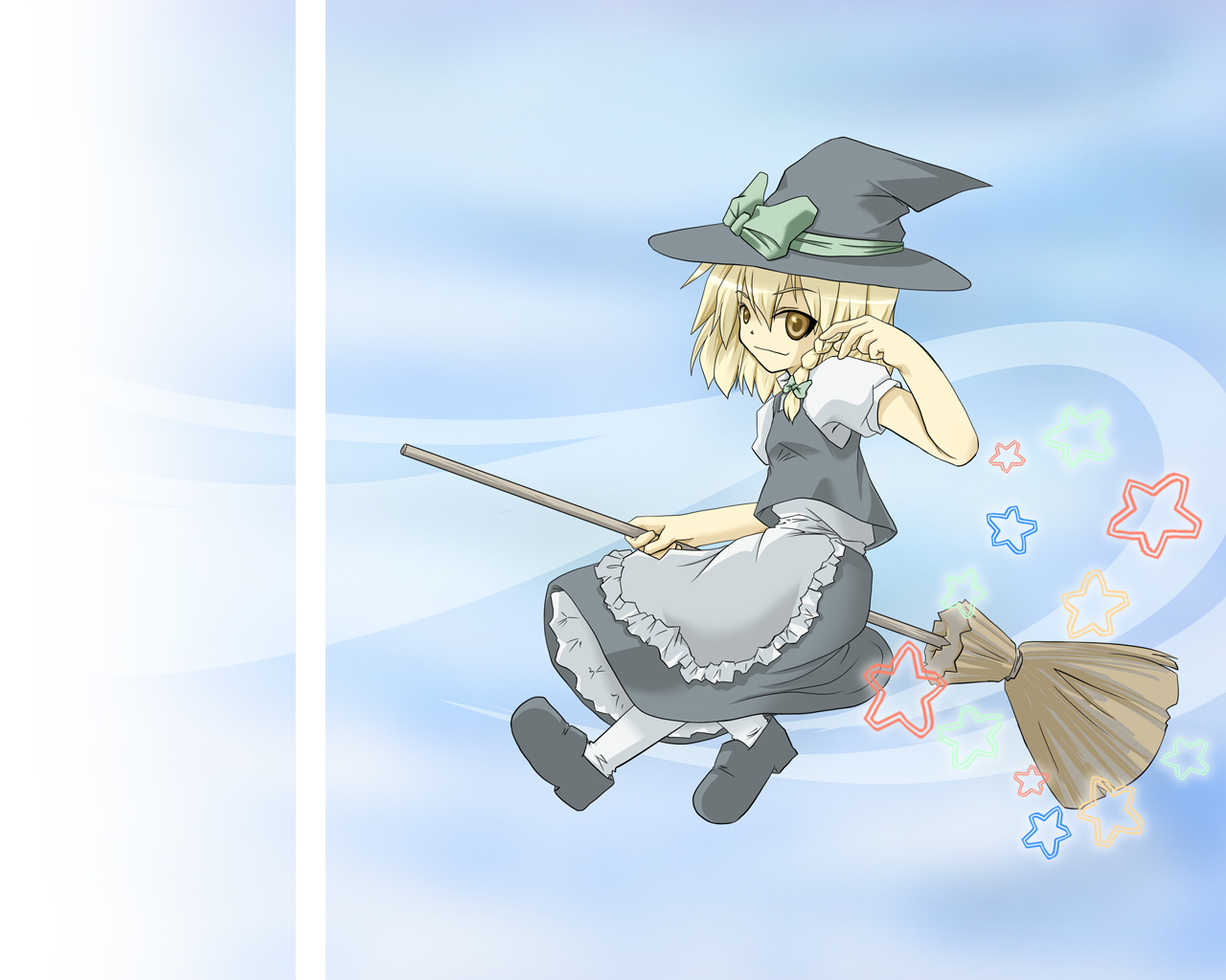 inu wi, kirisame marisa, touhou, 1girl, blonde hair, broom, broom riding, female focus, flying, gradient background, hat, ribbon, skirt, solo, white background