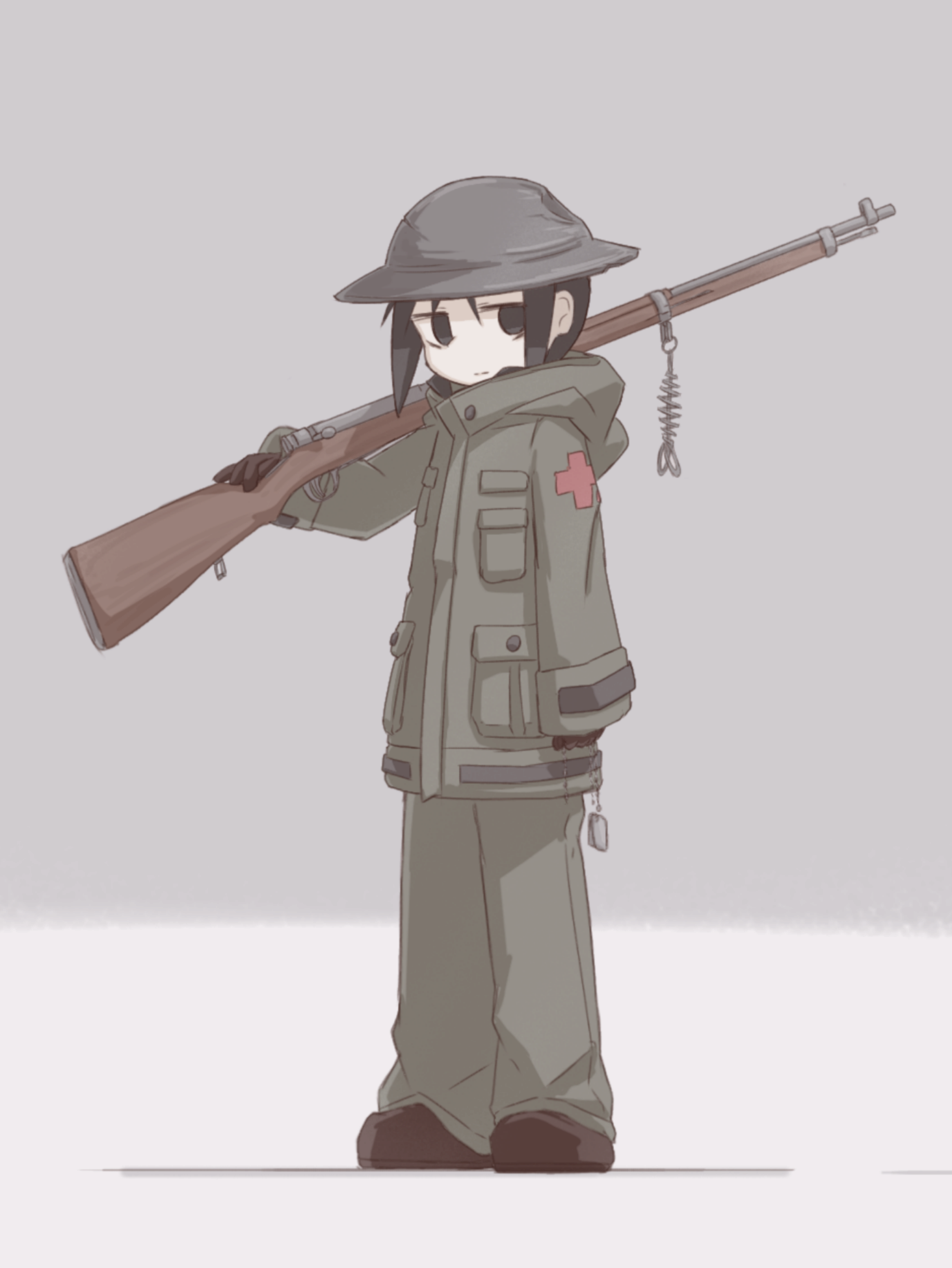 player193, chito (shoujo shuumatsu ryokou), shoujo shuumatsu ryokou, highres, 1girl, arisaka, bags under eyes, black boots, black eyes, black gloves, black hair, bolt action, boots, closed mouth, combat helmet, dog tags, gloves, gun, helmet, looking at viewer, military uniform, rifle, simple background, weapon