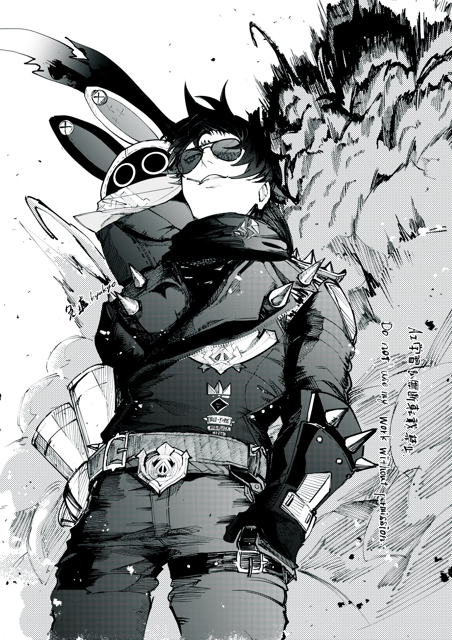 bangboo (zenless zone zero), eous (zenless zone zero), lighter (zenless zone zero), zenless zone zero, commentary request, highres, 03 kyv, 1boy, belt, belt buckle, buckle, explosion, feet out of frame, floating hair, greyscale, jacket, lapels, male focus, monochrome, on shoulder, pants, parted lips, scarf, short hair, spiked jacket, spikes, standing, sunglasses, thigh belt, thigh strap
