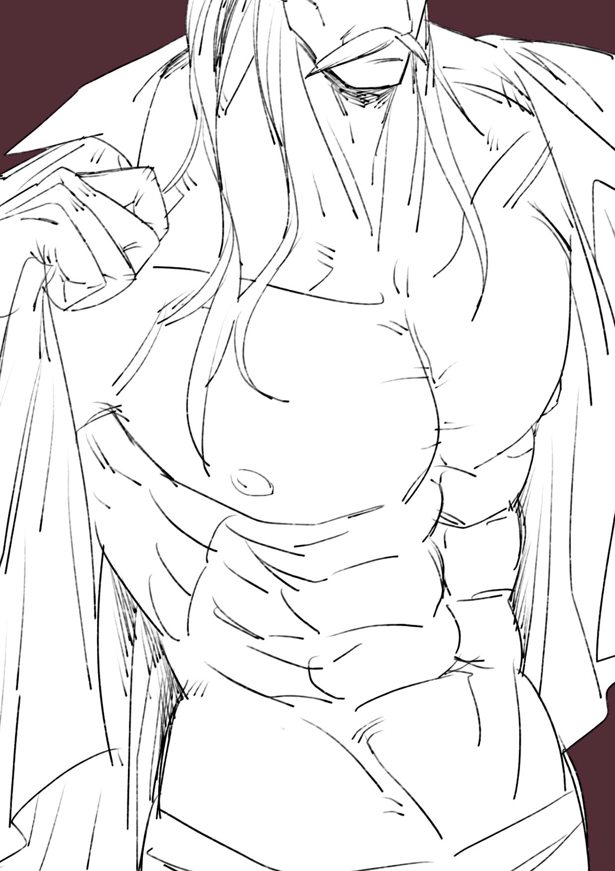 mifunenco, momonga (one piece), one piece, commentary request, highres, 1boy, abs, brown background, closed mouth, facial hair, greyscale with colored background, long hair, male focus, mustache, solo