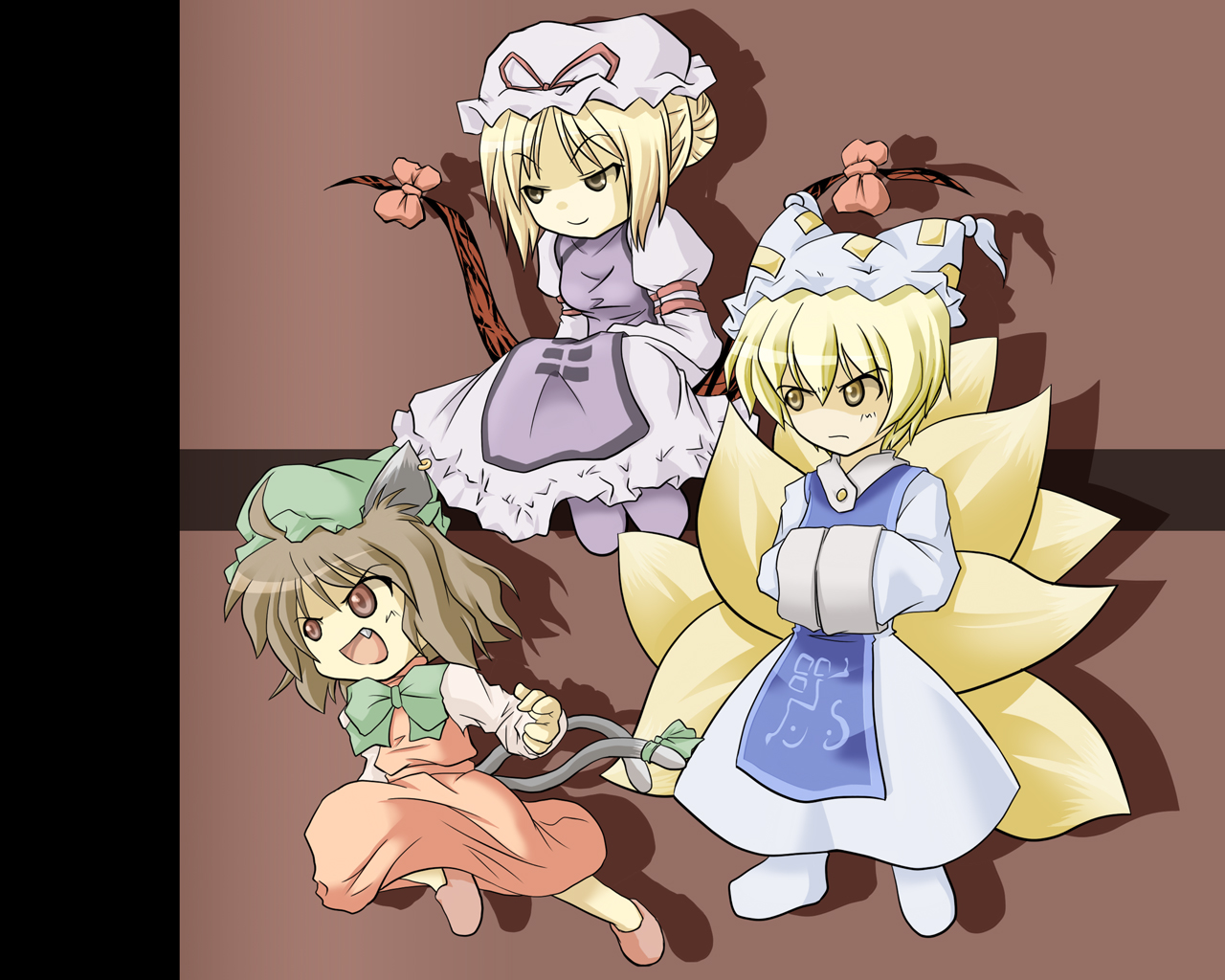 inu wi, chen, yakumo ran, yakumo yukari, touhou, 3girls, angry, animal ears, animal hat, blonde hair, brown eyes, brown hair, cat ears, cat girl, cat tail, china dress, chinese clothes, dress, earrings, fang, female focus, fox ears, fox tail, gap (touhou), hands in opposite sleeves, hat, jewelry, long sleeves, mob cap, multiple girls, multiple tails, red eyes, ribbon, shoes, short hair, tail, tail ornament, tail ribbon, tassel, wide sleeves, yellow eyes