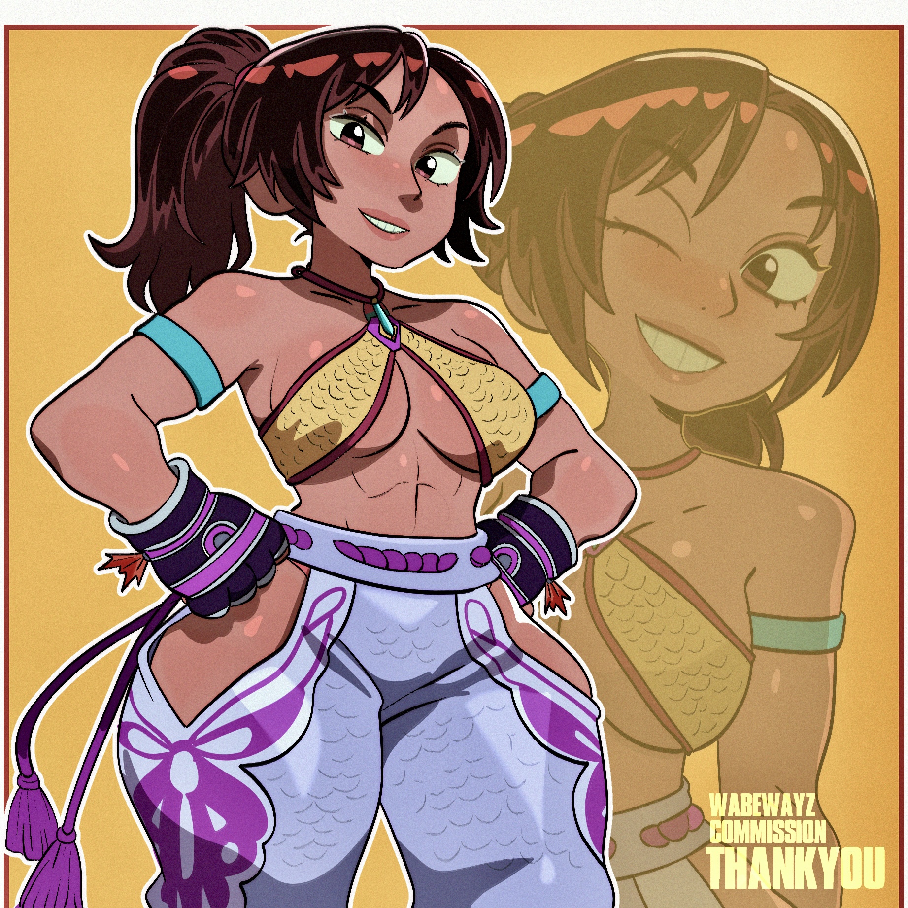 tekken, tekken 5, highres, abs, breasts, brown hair, dark-skinned female, dark skin, fingerless gloves, gloves, grin, medium breasts, pants, ponytail, purple pants, simple background, smile, solo, thick thighs, thighs, toned, toned female, wabewayz
