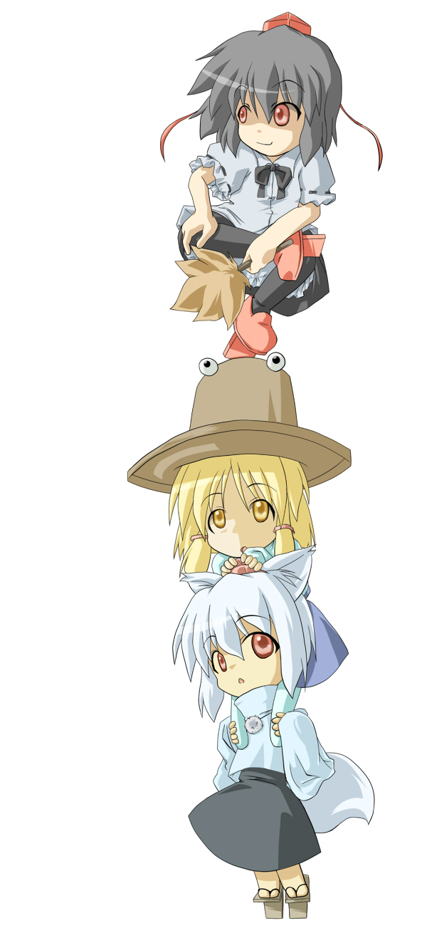 inu wi, inubashiri momiji, moriya suwako, shameimaru aya, touhou, highres, long image, tall image, 3girls, animal ears, black hair, blonde hair, chibi, female focus, hat, human tower, multiple girls, simple background, skirt, stacking, tail, white background, white hair, wolf ears, wolf tail