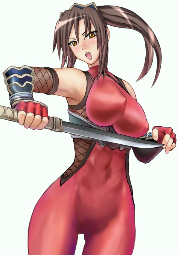 metadora, taki (soulcalibur), namco, soul calibur, soulcalibur, soulcalibur iv, 1girl, blush, bodysuit, breasts, brown eyes, brown hair, cameltoe, covered erect nipples, elbow gloves, female focus, gauntlets, gloves, huge breasts, knife, navel, ninja, open mouth, skin tight, solo, spandex, sword, thighs, weapon