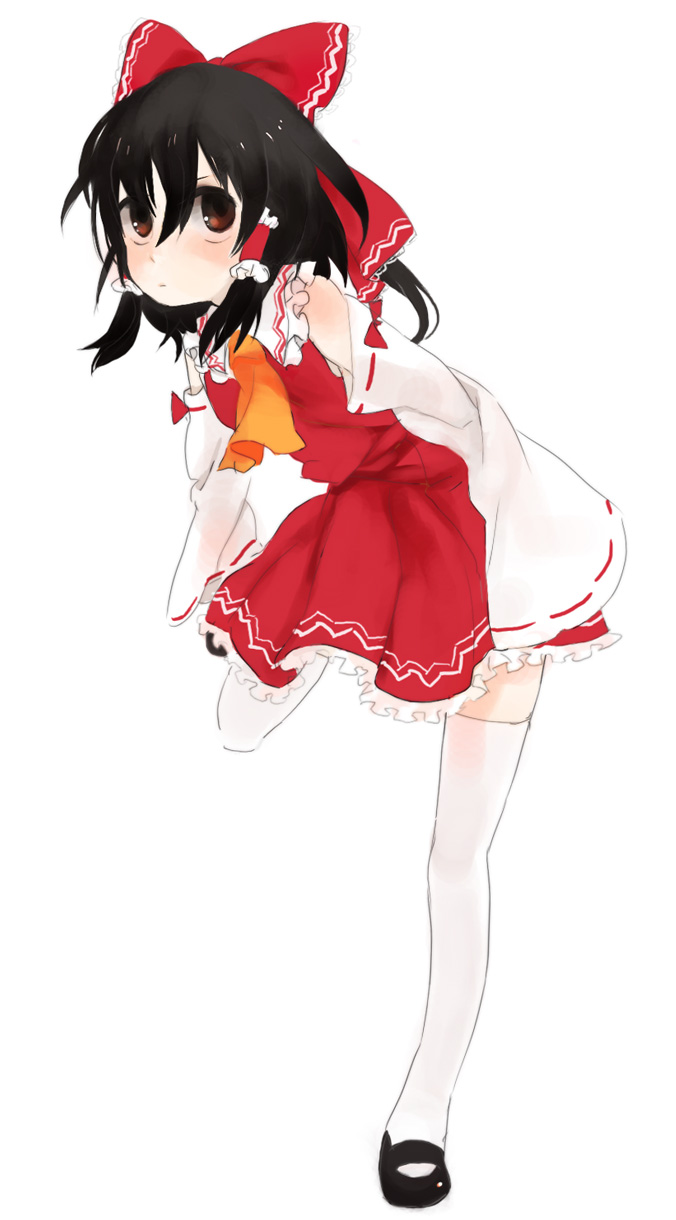 hakurei reimu, imperishable night, touhou, highres, 1girl, black hair, bow, brown eyes, detached sleeves, dress, female focus, full body, hair bow, japanese clothes, mary janes, miko, ribbon, shoes, solo, thighhighs, white background, white thighhighs, zettai ryouiki