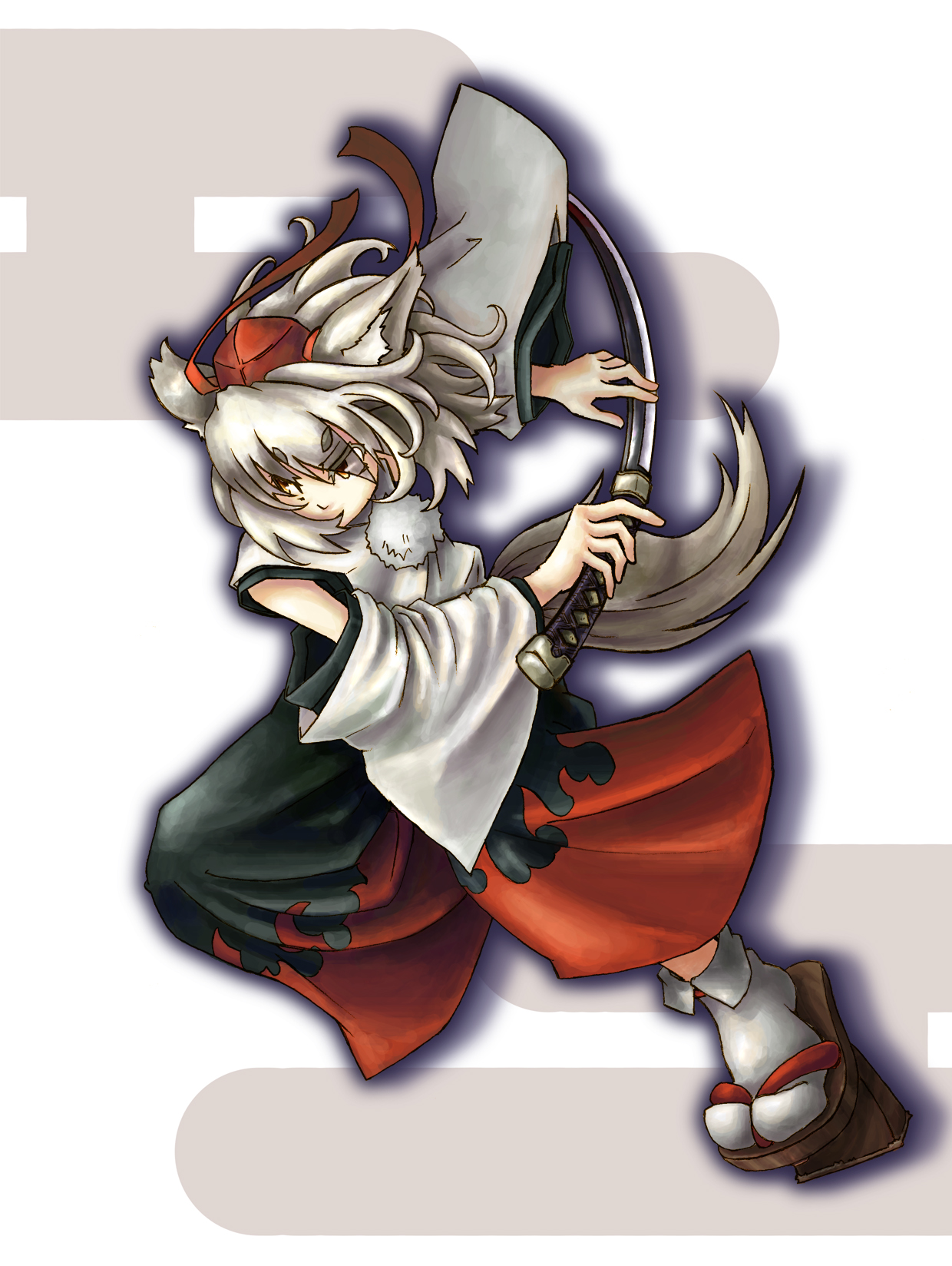 yukihiro w (arnabe), inubashiri momiji, touhou, highres, 1girl, animal ears, female focus, geta, katana, long skirt, skirt, solo, sword, tail, tengu-geta, weapon, wolf ears, wolf tail