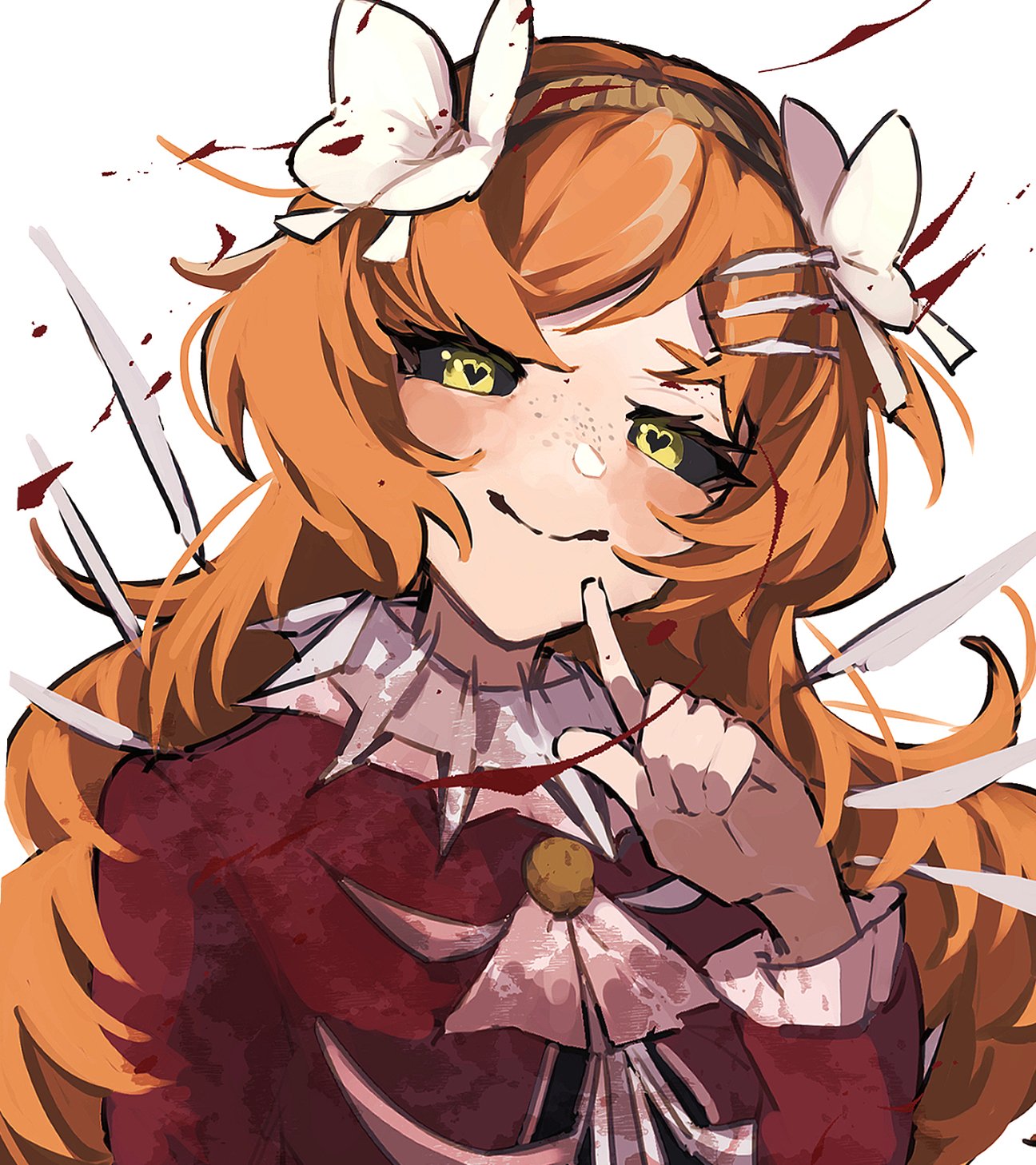 nakame77, ishmael (project moon), limbus company, project moon, highres, 1girl, ascot, black sclera, bow, brown hairband, closed mouth, coat, colored sclera, e.g.o (project moon), freckles, hair bow, hair ornament, hairband, hairclip, heart, heart-shaped pupils, long hair, long sleeves, looking at viewer, orange hair, red coat, sanguine desire (e.g.o), simple background, smile, solo, symbol-shaped pupils, upper body, white ascot, white background, white bow, yellow eyes