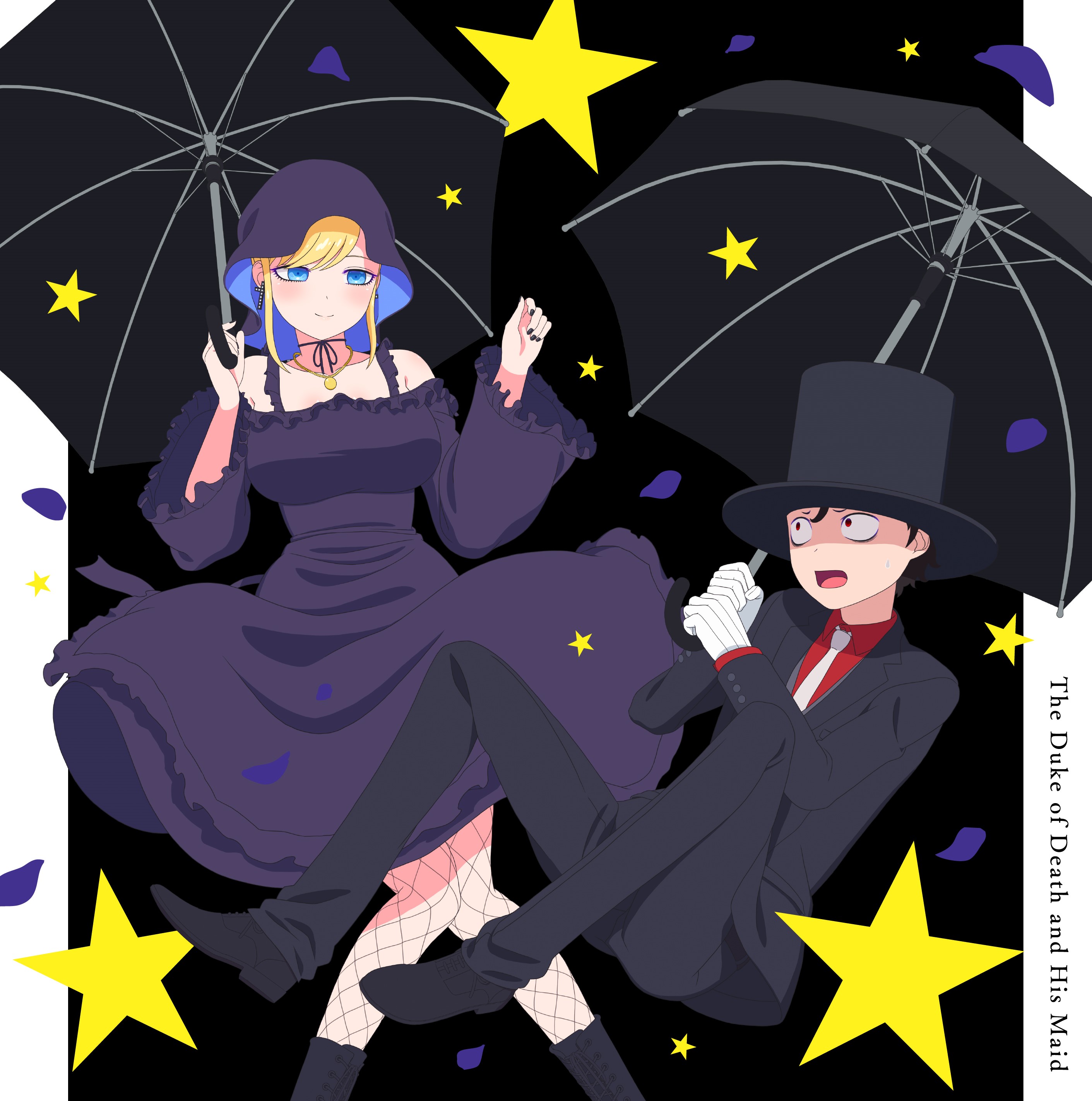 alice lendrott, bocchan (shinigami bocchan to kuro maid), shinigami bocchan to kuro maid, absurdres, commentary request, highres, official art, 1boy, 1girl, anime coloring, black dress, black hat, black jacket, black nails, black pants, black shoes, black suit, black umbrella, black veil, blonde hair, blue eyes, breasts, choker, closed mouth, collared shirt, copyright name, dress, fishnet thighhighs, fishnets, formal clothes, gloves, hat, holding, holding umbrella, jacket, jewelry, large breasts, locket, long sleeves, looking at another, necklace, necktie, open mouth, pants, pendant, red eyes, red shirt, ribbon choker, shirt, shoes, sidelocks, smile, star (symbol), star symbol background, suit, suit jacket, swept bangs, thighhighs, top hat, umbrella, veil, white gloves, white necktie