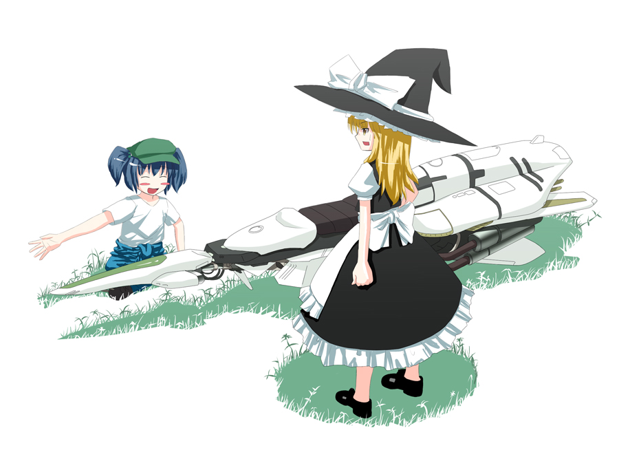 tama (pixiv), tama (speedgrapher), kawashiro nitori, kirisame marisa, touhou, bad id, bad pixiv id, 2girls, blonde hair, blue hair, blush stickers, broom, female focus, hat, long hair, multiple girls, sweatdrop, two side up, what, witch, witch hat