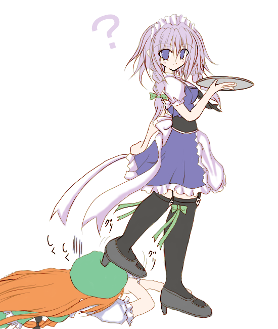 karasawa@, hong meiling, izayoi sakuya, embodiment of scarlet devil, touhou, silver hair, bad id, bad pixiv id, 2girls, ?, bad anatomy, blue eyes, bonnet, braid, female focus, hair ribbon, hat, long hair, maid, multiple girls, poorly drawn, red hair, ribbon, thighhighs, tray, twin braids