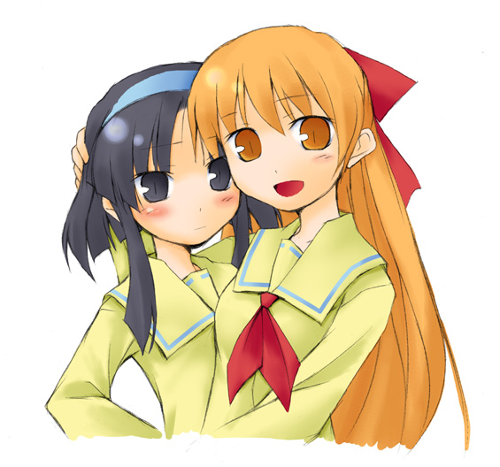 nu (plastic eraser), akiyama otome, shiratori suzune, pani poni dash!, 00s, 1girl, black eyes, black hair, blonde hair, blouse, blush, hairband, long hair, ribbon, school uniform, serafuku, shirt, short hair, yellow eyes, yellow shirt