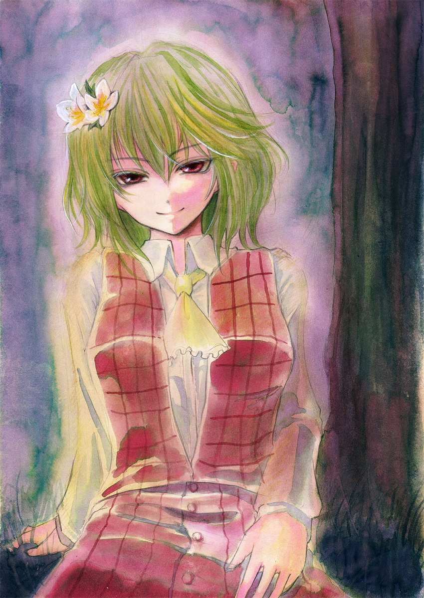 sugai, kazami yuuka, touhou, color ink (medium), highres, painting (medium), traditional media, watercolor (medium), 1girl, arm support, ascot, eyelashes, female focus, flower, green hair, looking at viewer, parasol, plaid clothes, plaid skirt, plaid vest, red eyes, sitting, skirt, skirt set, smile, solo, tsurime, umbrella, vest