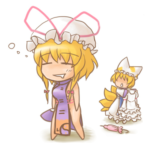 petako, yakumo ran, yakumo yukari, touhou, bad id, bad pixiv id, lowres, 2girls, animal ears, animal hat, blonde hair, chibi, closed umbrella, female focus, fox ears, fox tail, hat, hat ribbon, long sleeves, mob cap, multiple girls, naked tabard, ribbon, short hair, sleeping, sleepwalking, tabard, tail, umbrella, white background, wide sleeves