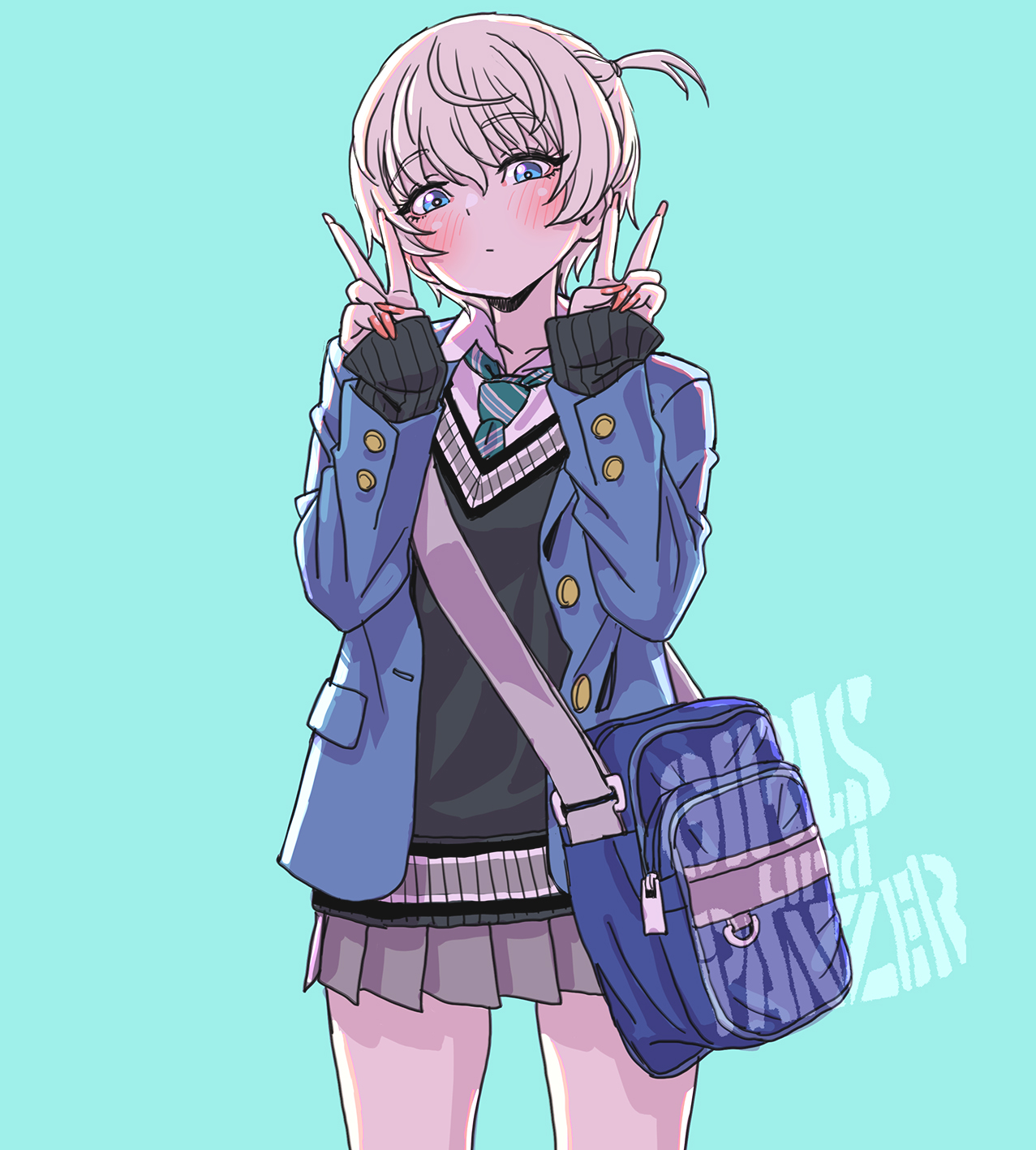 yamashita shun'ya, youko (girls und panzer), girls und panzer, highres, 1girl, alternate costume, alternate hairstyle, bag, blonde hair, blue background, blue eyes, blue jacket, blush, braid, brown skirt, double v, feet out of frame, jacket, necktie, school bag, school uniform, shirt, short hair, single braid, skirt, solo, standing, sweater vest, v, white shirt