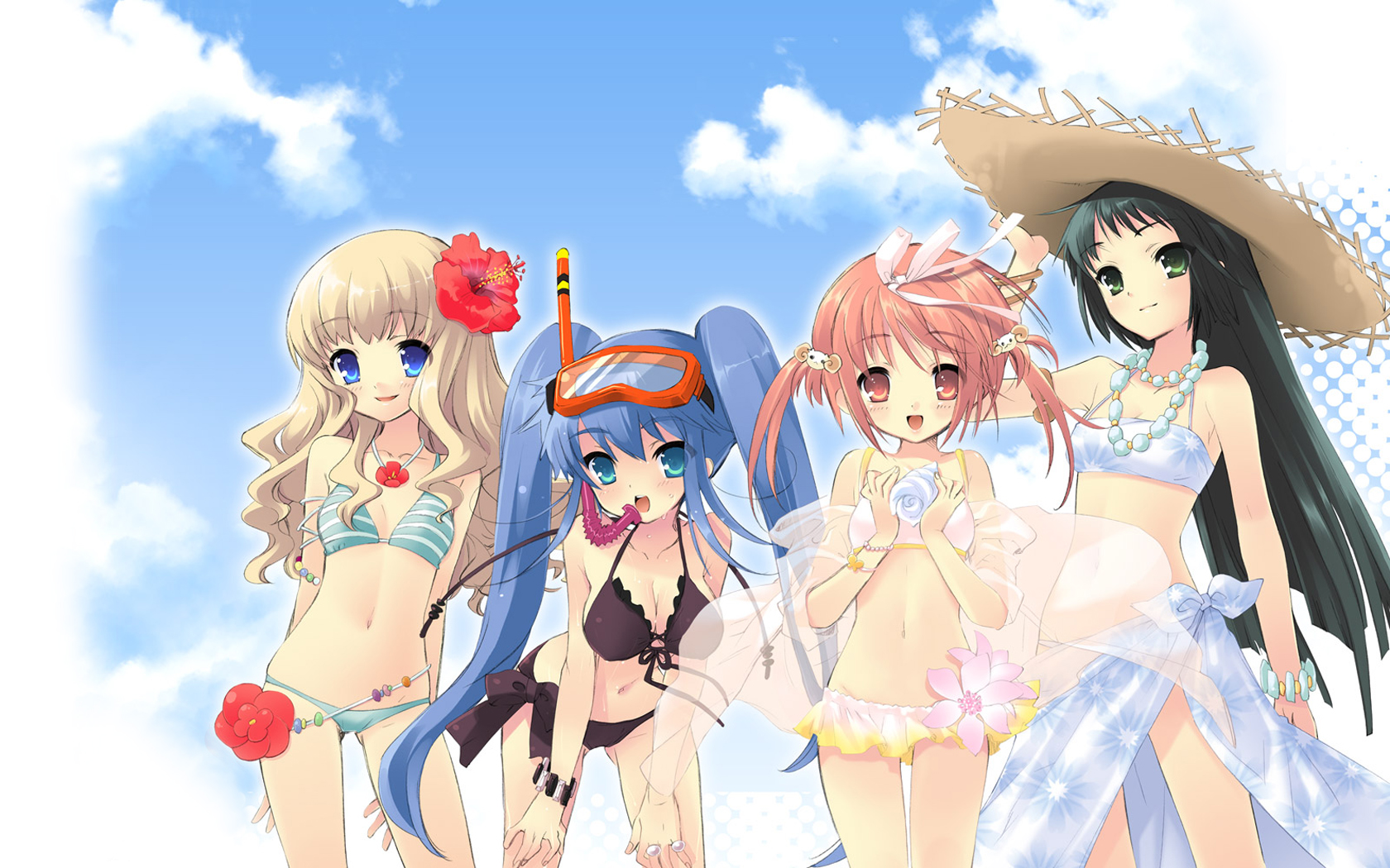 ito noizi, akihime sumomo, koiwai flora, yaeno nadeshiko, yuuki nona, nanatsuiro drops, highres, official art, official wallpaper, 00s, 4girls, aqua eyes, arms behind back, belt, bent over, bikini, bikini skirt, black hair, blonde hair, blue eyes, blue hair, blush, bracelet, breasts, cleavage, cloud, day, diving mask, everyone, flat chest, floral print, flower, front-tie bikini top, front-tie top, goggles, green eyes, groin, hair flower, hair ornament, hair ribbon, hat, hibiscus, jewelry, large breasts, lineup, long hair, lowleg, lowleg bikini, multiple girls, navel, necklace, outdoors, pink eyes, pink hair, print bikini, ribbon, sarong, seashell, see-through clothes, shawl, shell, short twintails, side-tie bikini bottom, sideboob, sky, smile, snorkel, standing, straw hat, striped bikini, striped clothes, swimsuit, tankini, thigh gap, twintails, very long hair, wavy hair, wet
