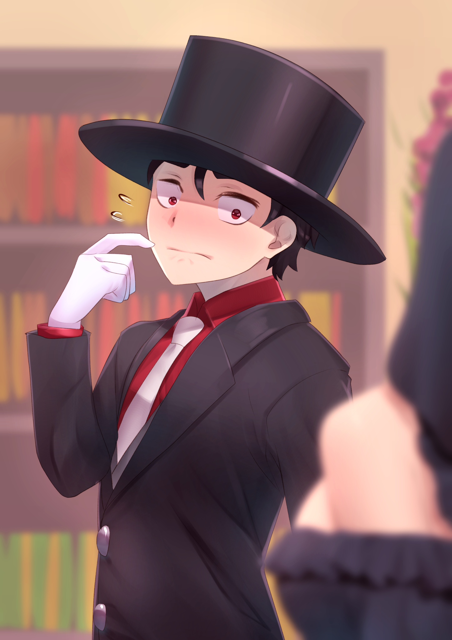 koodai (nora shichini), alice lendrott, bocchan (shinigami bocchan to kuro maid), shinigami bocchan to kuro maid, commentary request, highres, 1boy, 1girl, black hair, black hat, black jacket, black suit, blurry, blurry background, blurry foreground, blush, closed mouth, collared shirt, flying sweatdrops, formal clothes, gloves, hat, jacket, long sleeves, looking at another, male focus, necktie, red eyes, red shirt, shirt, short hair, solo focus, suit, suit jacket, top hat, white gloves, white necktie