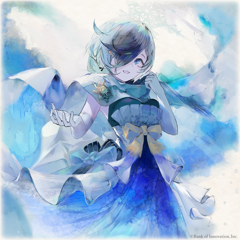 mementomori (game), artist request, official art, 1girl, blue bow, blue eyes, bow, copyright notice, dress bow, elbow gloves, gloves, hair over eyes, lunalynn (mementomori), open mouth, short hair, solo, white gloves, yellow bow