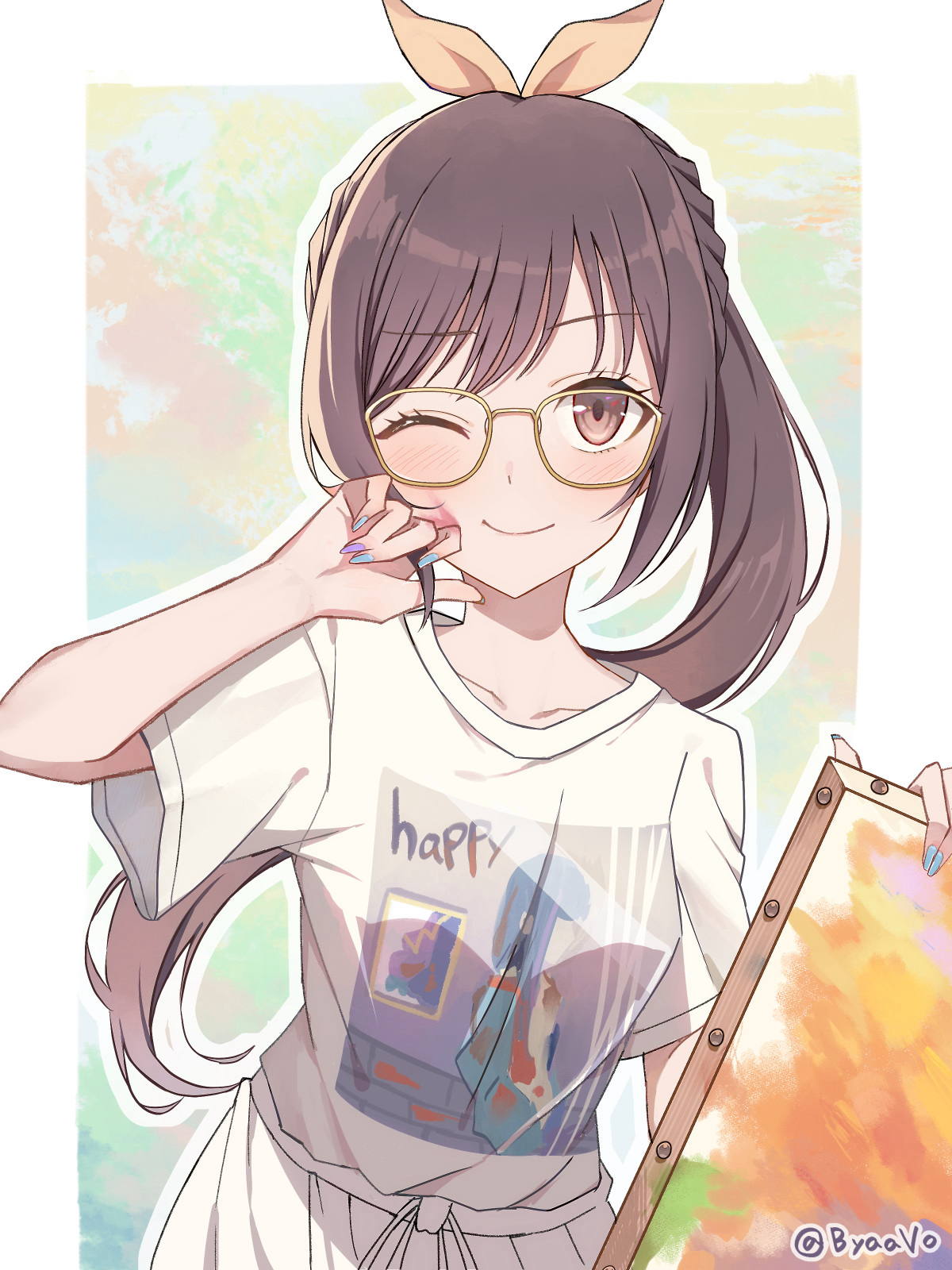 byaabo, shinonome ena, project sekai, commentary request, highres, 1girl, ;d, bespectacled, bloom festival (project sekai), blue nails, blush, border, brown eyes, brown hair, canvas (object), closed mouth, clothes writing, fingernails, glasses, green background, hand up, holding, holding painting, long hair, looking at viewer, official alternate hair length, official alternate hairstyle, one eye closed, open mouth, outline, outside border, painting (object), ponytail, print shirt, shirt, short sleeves, smile, solo, t-shirt, upper body, white border, white outline, yellow-framed eyewear