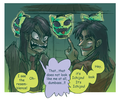 ichijou (kaiji), itou kaiji, kaiji, hard-translated, lowres, third-party edit, translated, 2boys, :p, black eyes, black hair, english text, formal clothes, grin, halloween, lantern, laughing, male focus, multiple boys, necktie, pointing, smile, suit, teeth, tongue, tongue out, upper body