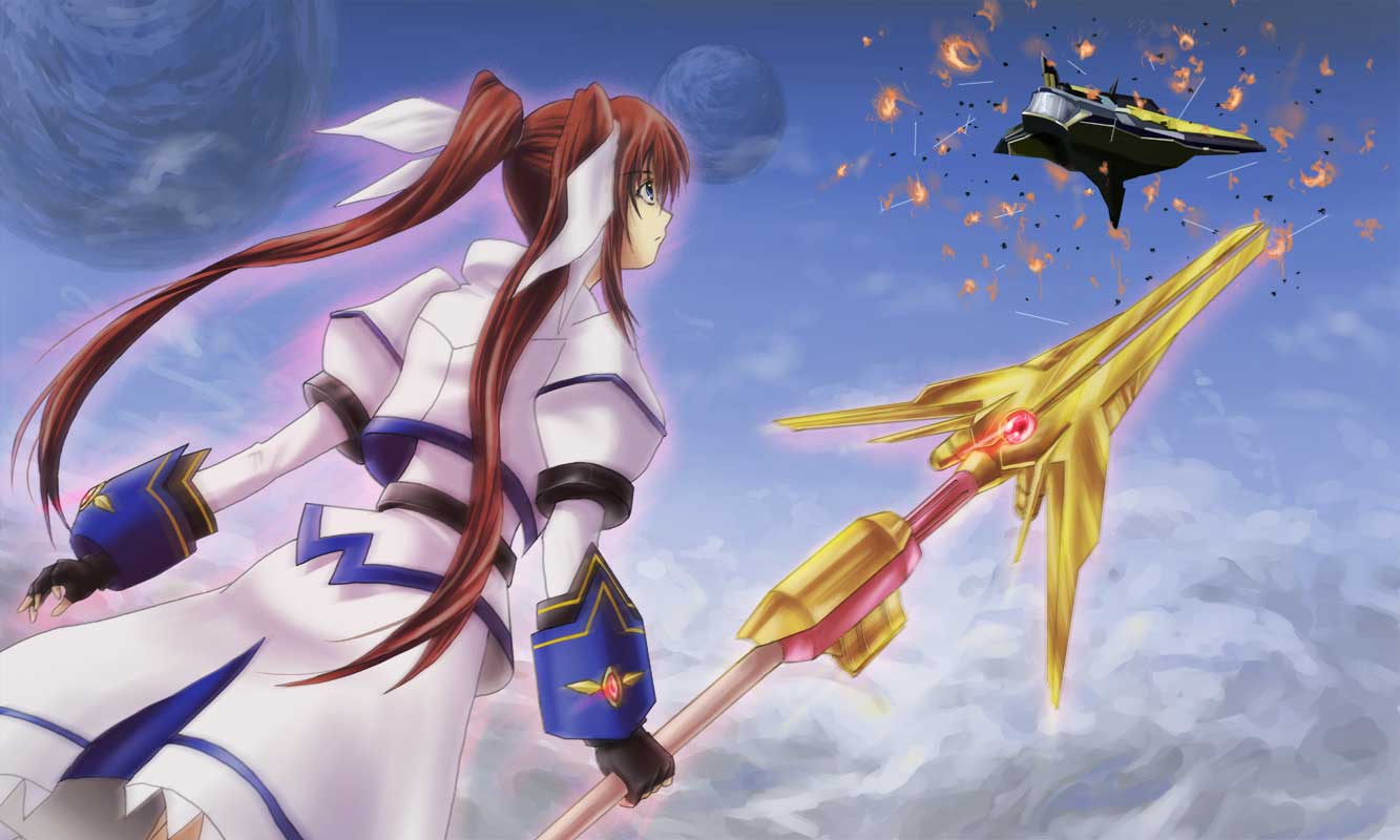 kaeru314, kaeru (kaerism), raising heart, raising heart (exceed mode), takamachi nanoha, takamachi nanoha (exceed mode), lyrical nanoha, mahou shoujo lyrical nanoha, mahou shoujo lyrical nanoha strikers, bad id, bad pixiv id, 00s, 1girl, battle, brown hair, female focus, flying, long hair, sky, solo, staff, twintails