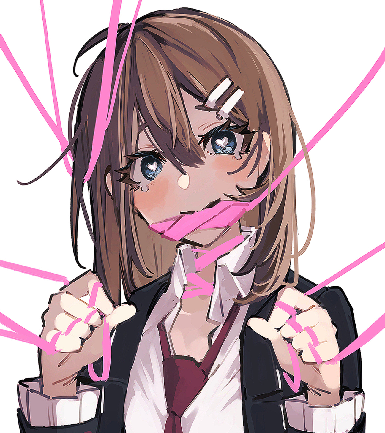 nakame77, hod (project moon), lobotomy corporation, project moon, highres, 1girl, ahoge, black coat, blue eyes, bound, brown hair, coat, collared shirt, e.g.o (project moon), heart, heart-shaped pupils, long hair, long sleeves, looking at viewer, necktie, pink ribbon, red necktie, ribbon, roseate desire (e.g.o), shirt, simple background, solo, symbol-shaped pupils, tearing up, tied up (nonsexual), upper body, white background, white shirt