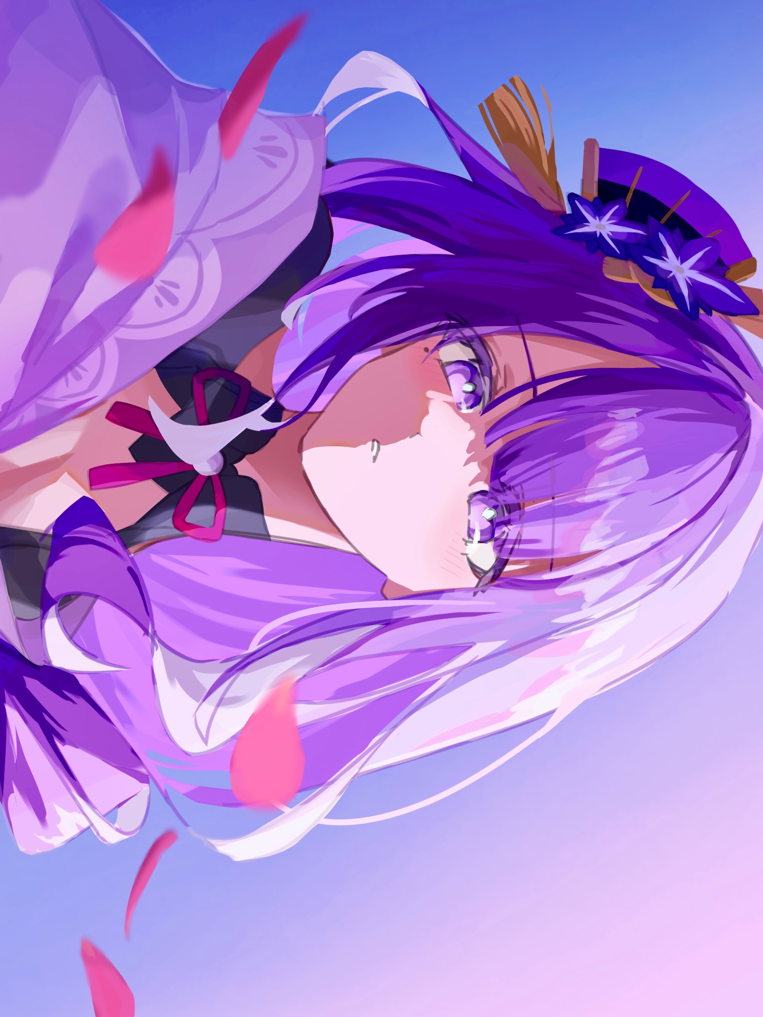 raiden shogun, genshin impact, commentary request, highres, 1girl, blue pupils, blunt bangs, blush, cherry blossoms, falling petals, fan hair ornament, flower, flower ornament, gradient background, gradient hair, hair ornament, head tilt, japanese clothes, kimono, long hair, looking at viewer, mole, mole under eye, multicolored eyes, multicolored hair, neck ribbon, off shoulder, outdoors, parted lips, petals, pink petals, purple eyes, purple flower, purple kimono, purple sky, red ribbon, ribbon, shade, shy, sky, solo, standing, tea 463, upper body