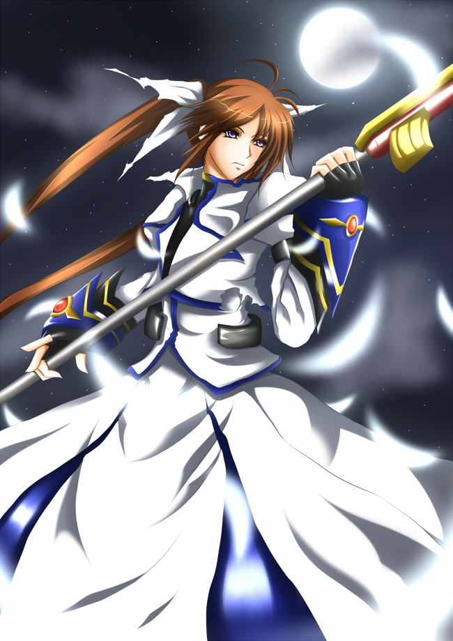 kisaragi ivi17, raising heart, takamachi nanoha, takamachi nanoha (exceed mode), lyrical nanoha, mahou shoujo lyrical nanoha, mahou shoujo lyrical nanoha strikers, 00s, brown hair, moon, night, night sky, purple eyes, sky, solo, staff, torn clothes, twintails