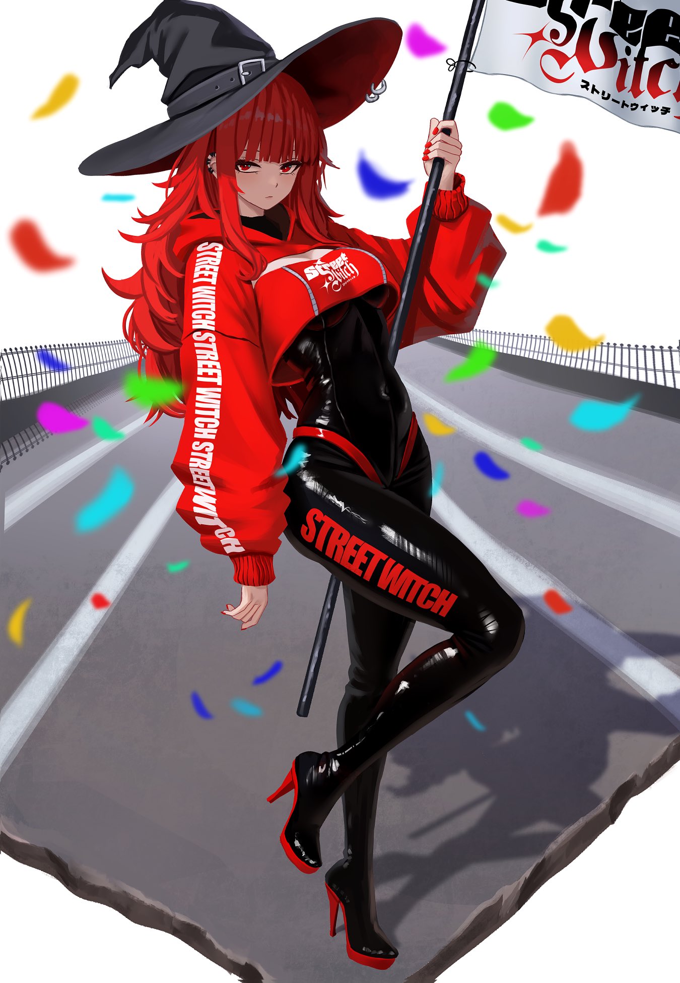 yan kodiac, val (yan kodiac), original, highres, 1girl, black bodysuit, bodysuit, breasts, cropped sweater, ear piercing, flag, hat, high heels, holding, holding flag, long hair, medium breasts, piercing, race queen, red hair, red sweater, road, solo, sweater, witch hat