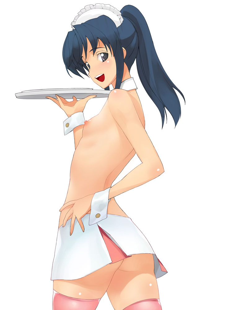 a1 (initial-g), 1girl, ass, blue hair, bonnet, female focus, flat chest, grey eyes, nipples, no panties, ponytail, simple background, skirt, solo, thighhighs, topless female, tray, waitress, wrist cuffs
