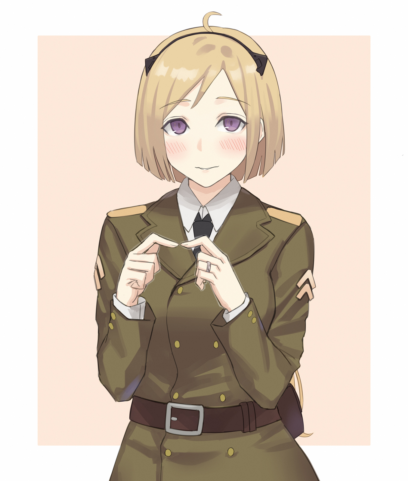 asakiri koko, m3 (girls' frontline), girls' frontline, commentary request, commission, highres, pixiv commission, 1girl, ahoge, belt, black hairband, black necktie, blonde hair, blush, border, coat, collared shirt, green coat, hairband, jewelry, long sleeves, looking at viewer, medium hair, necktie, orange background, outside border, parted bangs, purple eyes, ring, shirt, simple background, smile, solo, upper body, white border, white shirt