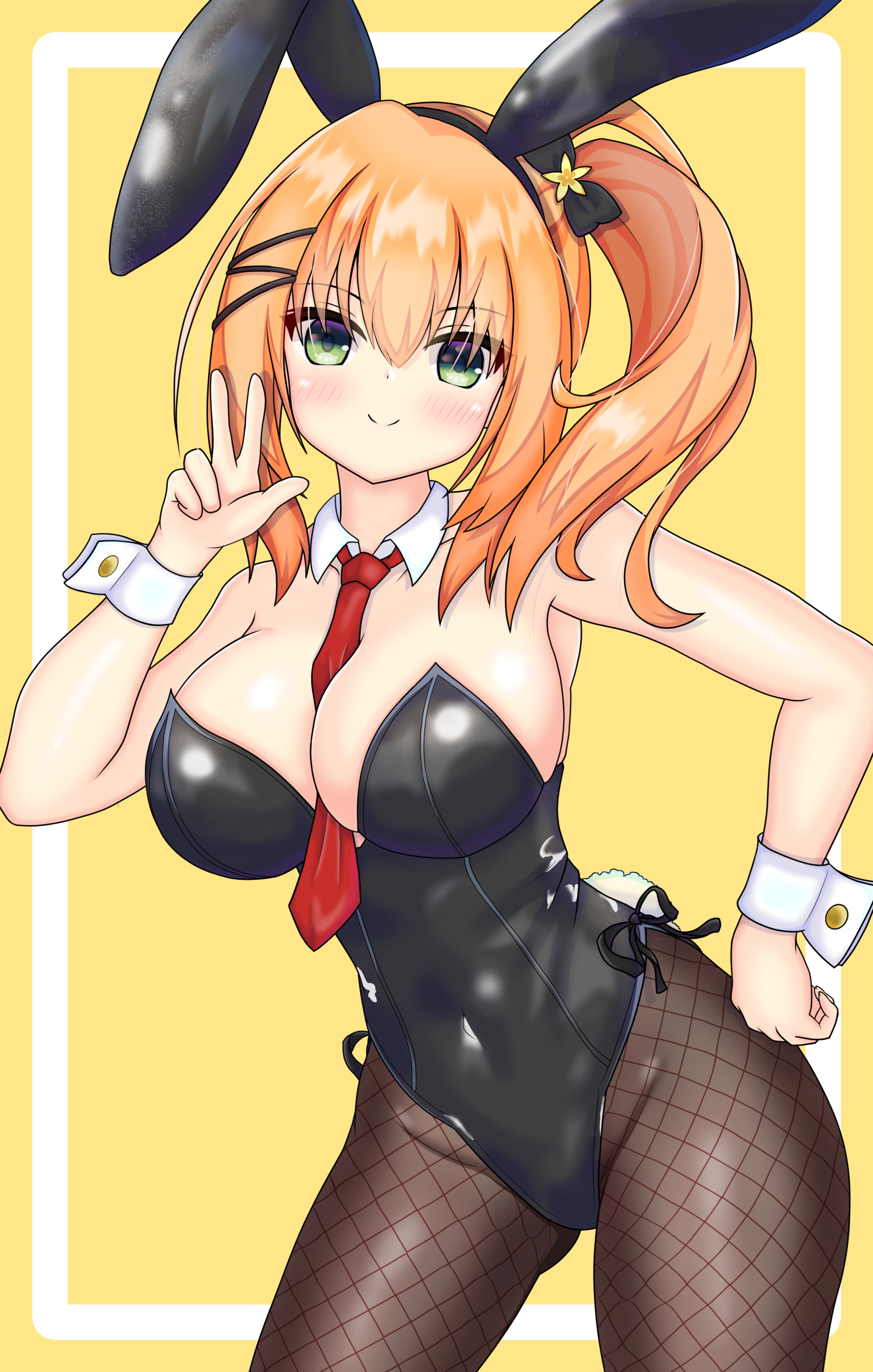 ryuukan ameri, hamidashi creative, absurdres, commentary request, highres, >:), 1girl, alternate costume, animal ear hairband, animal ears, bare shoulders, between breasts, black bow, black hairband, black leotard, blush, bow, breasts, brown pantyhose, cleavage, closed mouth, covered navel, cowboy shot, detached collar, eyes visible through hair, fake animal ears, fake tail, fishnet pantyhose, fishnets, green eyes, groin, hair between eyes, hair bow, hairband, hand on own hip, hand up, highleg, highleg leotard, large breasts, leotard, long hair, looking at viewer, necktie, necktie between breasts, orange hair, pantyhose, playboy bunny, rabbit ears, rabbit tail, red necktie, sabarusu0130, side ponytail, sidelocks, simple background, smile, solo, split mouth, strapless, strapless leotard, tail, v-shaped eyebrows, w, white wrist cuffs, wrist cuffs, yellow background