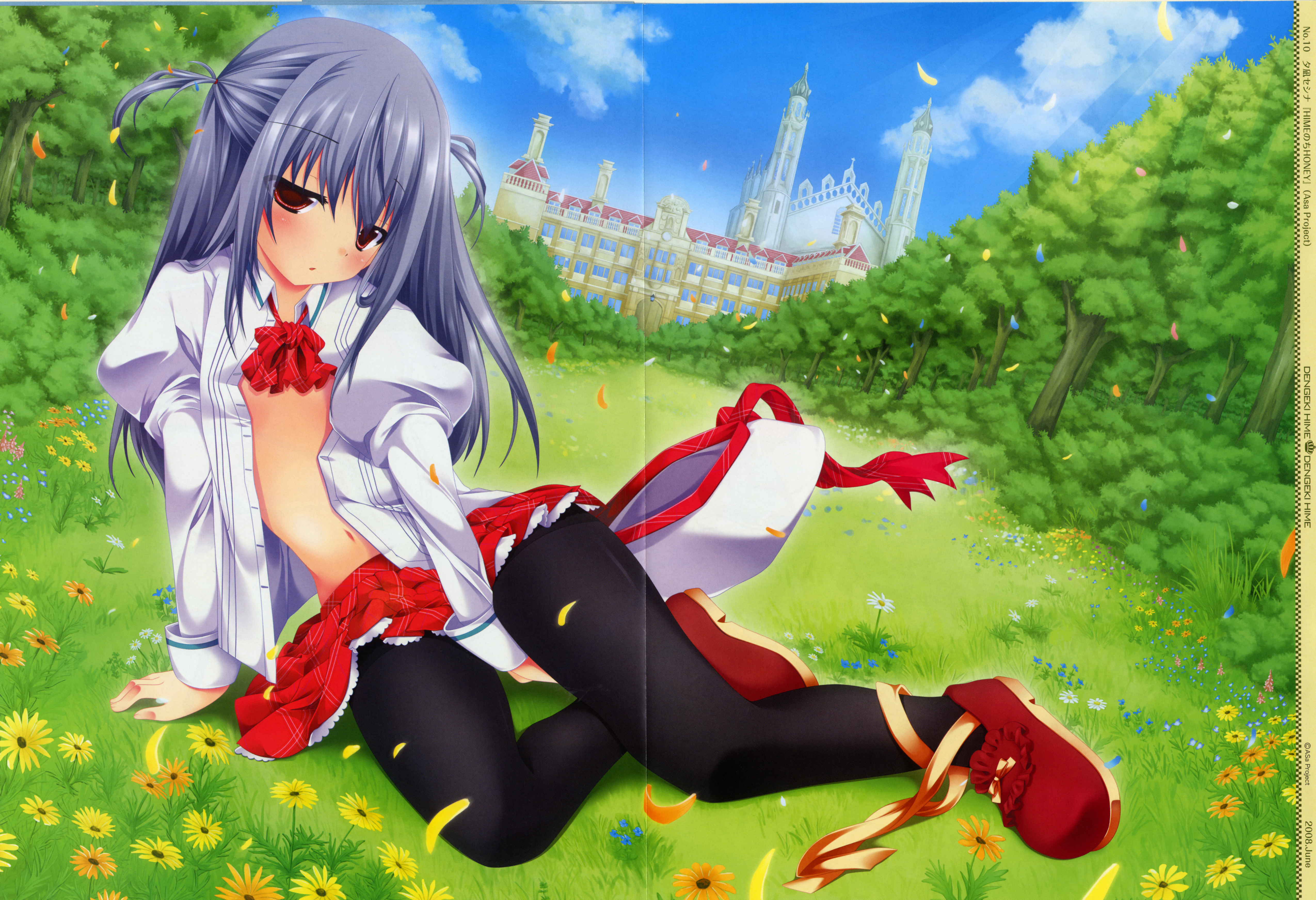 yuunagi seshina, seidou erisu, asa project, hime nochi honey, red neckwear, absurdres, highres, magazine scan, scan, 1girl, arm support, black pantyhose, blush, brown eyes, brown shoes, building, bush, cloud, female focus, flower, forest, grass, grey hair, hat, hat ribbon, long hair, long sleeves, looking at viewer, nature, navel, open clothes, open mouth, open shirt, pantyhose, petals, puffy sleeves, red skirt, ribbon, school uniform, shirt, shoes, sitting, skirt, sky, solo, sunflower, tree, twintails, unworn hat, unworn headwear, white hat, white shirt