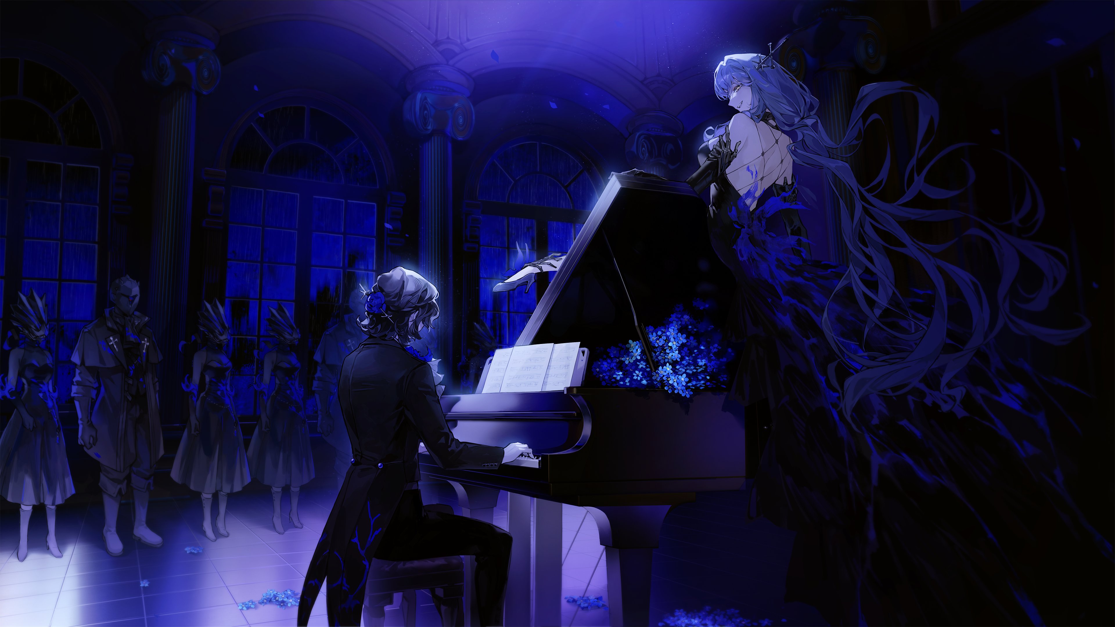 arcana (reverse:1999), forget me not (reverse:1999), reverse:1999, absurdres, highres, 3boys, 4girls, alternate costume, arched window, backless dress, backless outfit, bare shoulders, black dress, black gloves, black hair, black mask, black pants, black shoes, blue flower, blue hair, breasts, column, covered face, dark, dim lighting, dress, elbow gloves, facing away, flower, gloves, grand piano, grin, hair flower, hair ornament, high heels, indoors, instrument, long hair, looking at viewer, manus vindictae soldier, multiple boys, multiple girls, music, on bench, on piano, pants, piano, piano bench, pillar, playing instrument, playing piano, romance way, shoes, short hair, sitting, smile, standing, tailcoat, very long hair, wide shot, window, yellow eyes