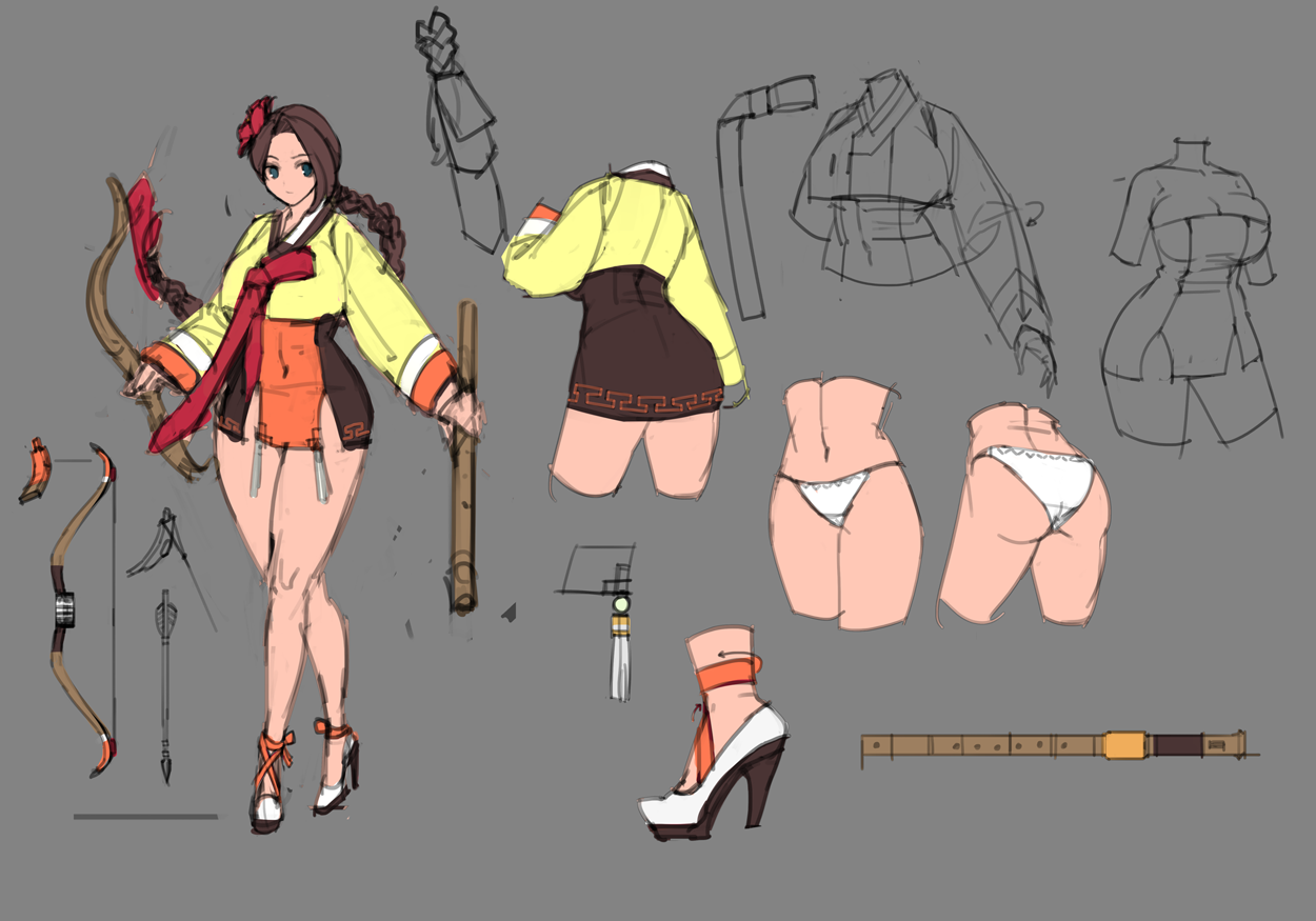 original, concept art, official art, arrow (projectile), bow (weapon), braid, breasts, brown hair, dress, flute, grey background, hair ribbon, high heels, holding, holding bow (weapon), holding weapon, instrument, ix9net, large breasts, long hair, long sleeves, miniskirt, panties, red ribbon, ribbon, shoes, short dress, sidelocks, simple background, single braid, skirt, thick thighs, thighs, underwear, weapon, white panties, white shoes