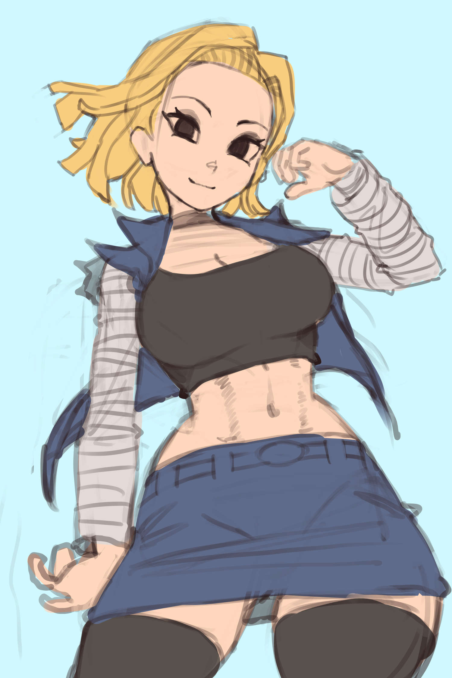 saiykik, android 18, dragon ball, dragonball z, highres, abs, android, belt, black choker, blonde hair, blue background, blue vest, choker, hand up, long sleeves, looking at viewer, looking down, midriff, miniskirt, navel, open clothes, short hair, simple background, skirt, smile, square neckline, thighhighs, vest