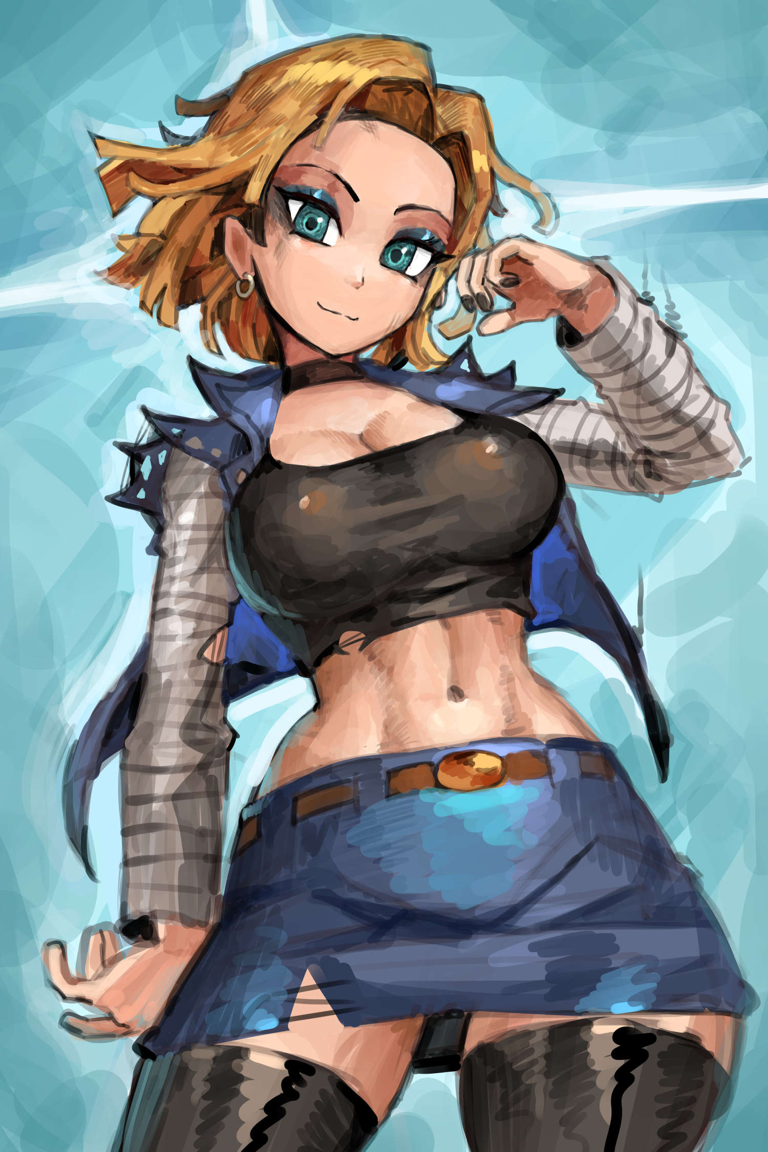 saiykik, android 18, dragon ball, dragonball z, highres, abs, android, belt, black nails, blonde hair, blue background, blue eyes, blue vest, hand up, long sleeves, looking at viewer, looking down, midriff, miniskirt, navel, open clothes, pointy ears, short hair, simple background, skirt, smile, square neckline, thighhighs, torn clothes, vest