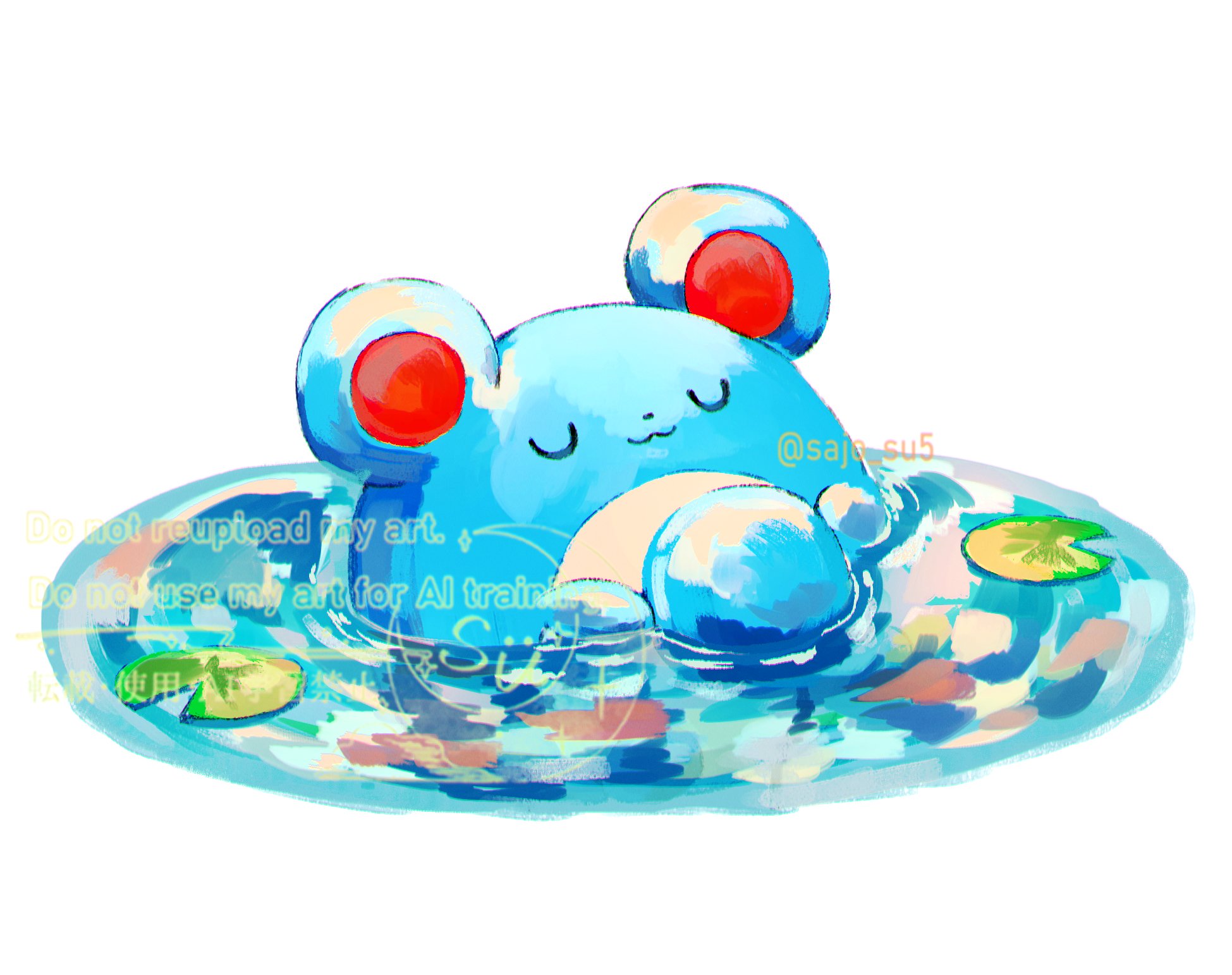 su (sajo su5), marill, nintendo, pokemon, highres, closed eyes, closed mouth, gen 2 pokemon, lily pad, no humans, pokemon (creature), pokemon focus, simple background, smile, twitter username, water, white background