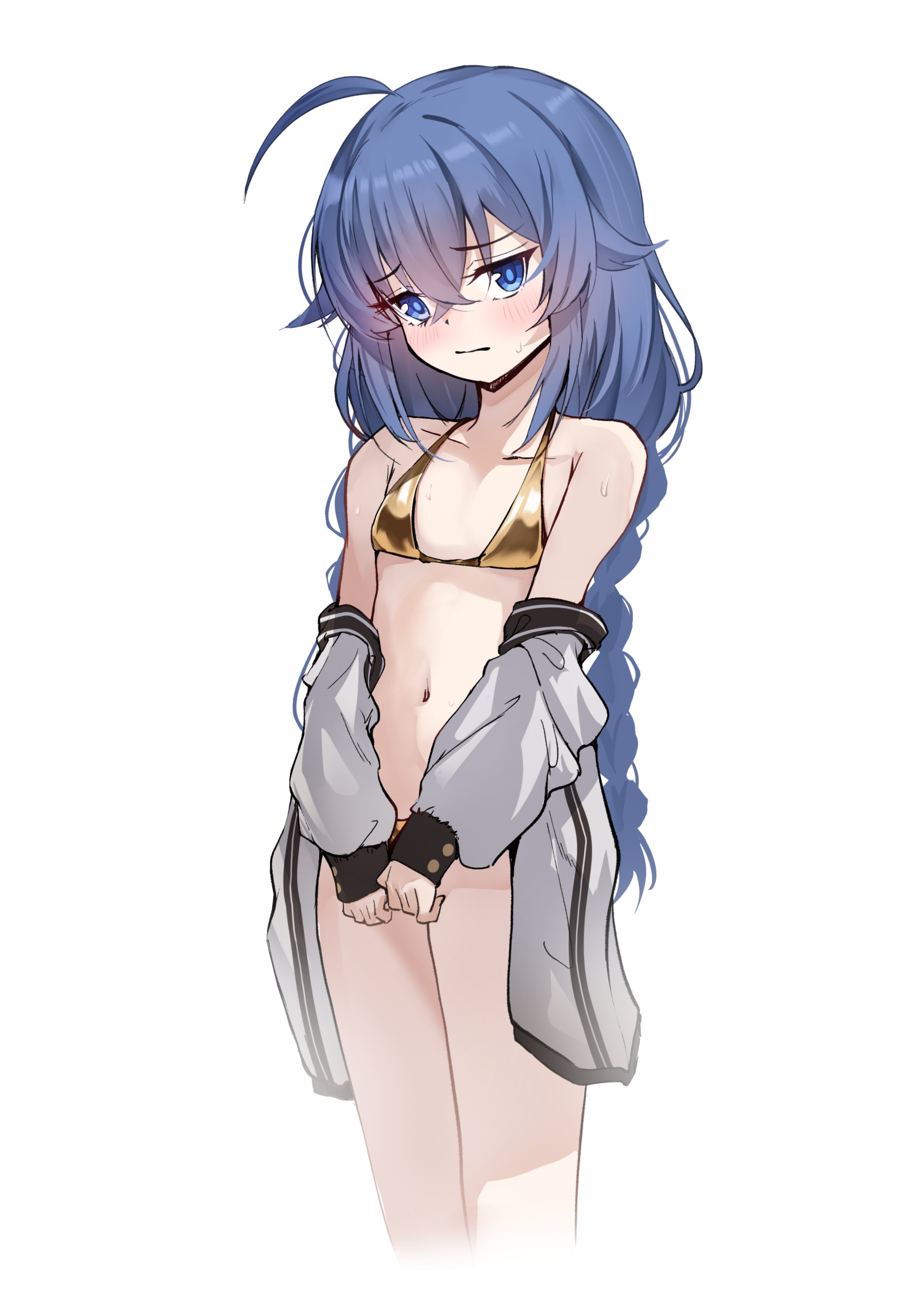 nakatokung, roxy migurdia, mushoku tensei, absurdres, highres, 1girl, ahoge, bikini, blue eyes, braid, covering crotch, covering privates, embarrassed, gold bikini, looking at viewer, swimsuit, white background