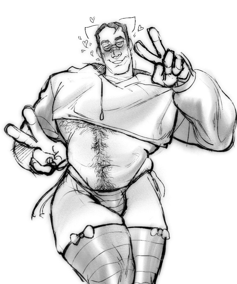 coke enjoyer, medic (tf2), team fortress 2, 1boy, animal ears, bara, bikini, blush, bow legwear, cat ears, chest hair, crop top, cropped hoodie, crossdressing, crossdressing (mtf), double v, glasses, greyscale, hood, hoodie, large pectorals, male focus, mature male, monochrome, muscular, muscular male, old, old man, pectorals, pubic hair, side-tie bikini bottom, skindentation, solo, striped clothes, striped thighhighs, swimsuit, thighhighs, thong, underpec, v