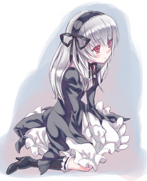 moriki takeshi, suigintou, rozen maiden, bad id, bad pixiv id, 00s, 9999, blush, boots, goth fashion, grey hair, kneeling, long hair, pale skin, red eyes, solo