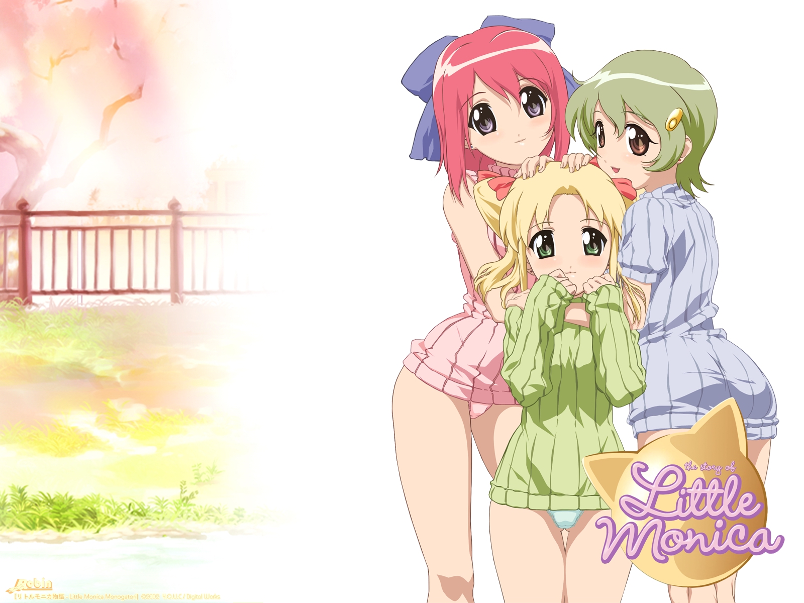 satsumaya jouki, celia (little monica monogatari), may (little monica monogatari), tina (little monica monogatari), little monica monogatari, highres, official art, 00s, 3girls, blonde hair, blue eyes, blue panties, blush, bow, dress, flat chest, girl sandwich, green eyes, green hair, green shirt, group hug, hair bow, hair ornament, hair ribbon, hairclip, hand on another's head, hug, loli, looking at viewer, multiple girls, no pants, panties, pink eyes, pink hair, pink panties, purple eyes, ribbon, sandwiched, shirt, short hair, siblings, sisters, smile, sweater, sweater dress, thigh gap, thighs, underwear