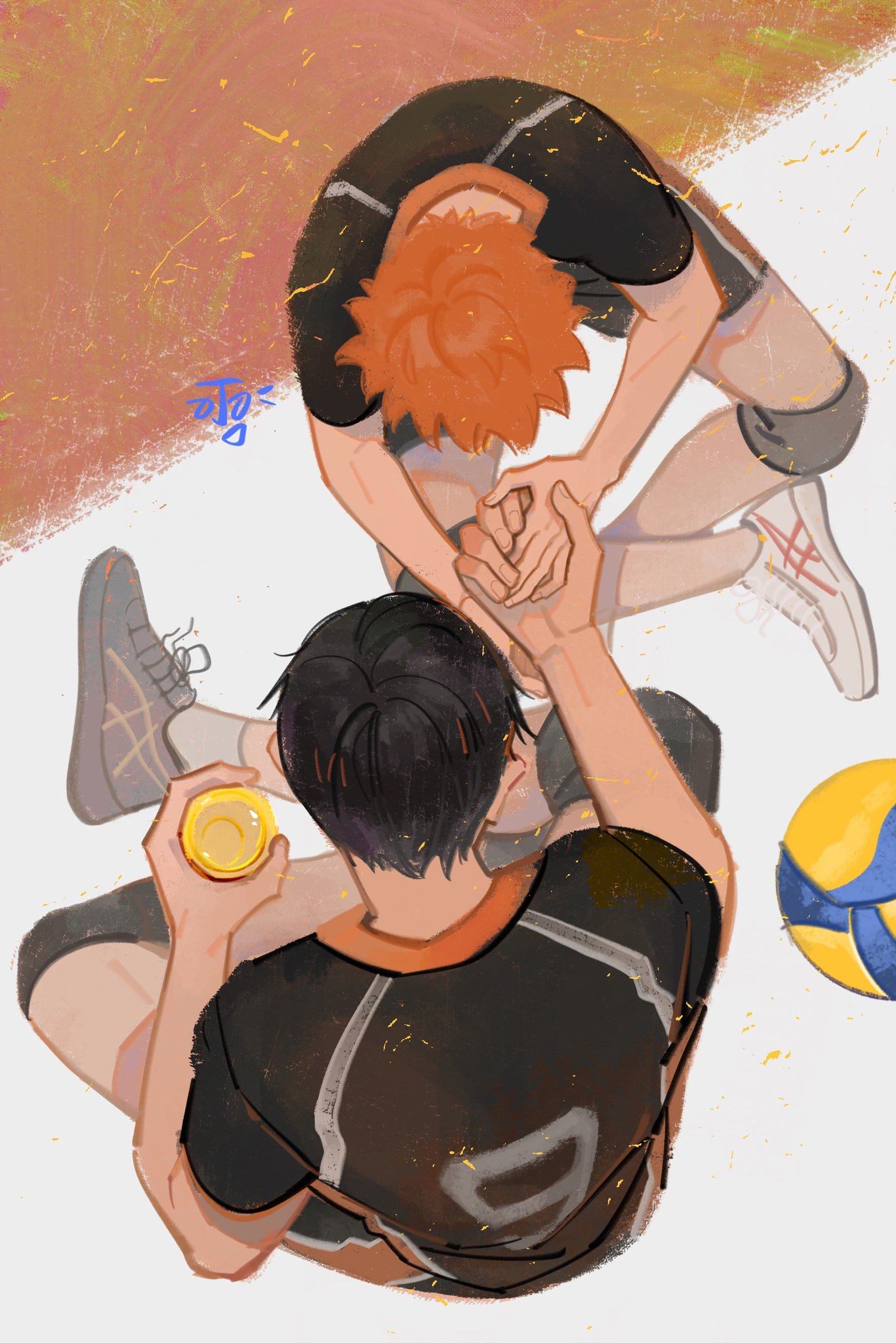 hinata shouyou, kageyama tobio, haikyuu!!, commentary, english commentary, highres, 2boys, ball, black hair, black shoes, els ddd, holding hands, knee pads, male focus, multiple boys, orange hair, parted hair, shoes, short hair, short sleeves, shorts, sitting, sportswear, volleyball, volleyball uniform, white shoes