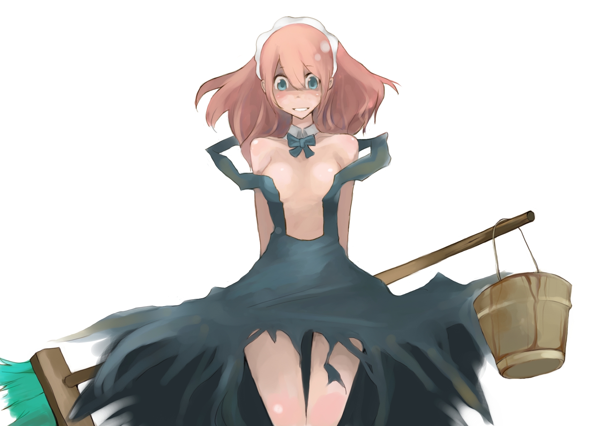 tansuke, takagi (tansuke), original, highres, 1girl, bare shoulders, blue eyes, blush, broom, bucket, collar, detached collar, female focus, long hair, maid, maid headdress, no bra, pink hair, solo, strap slip, torn clothes