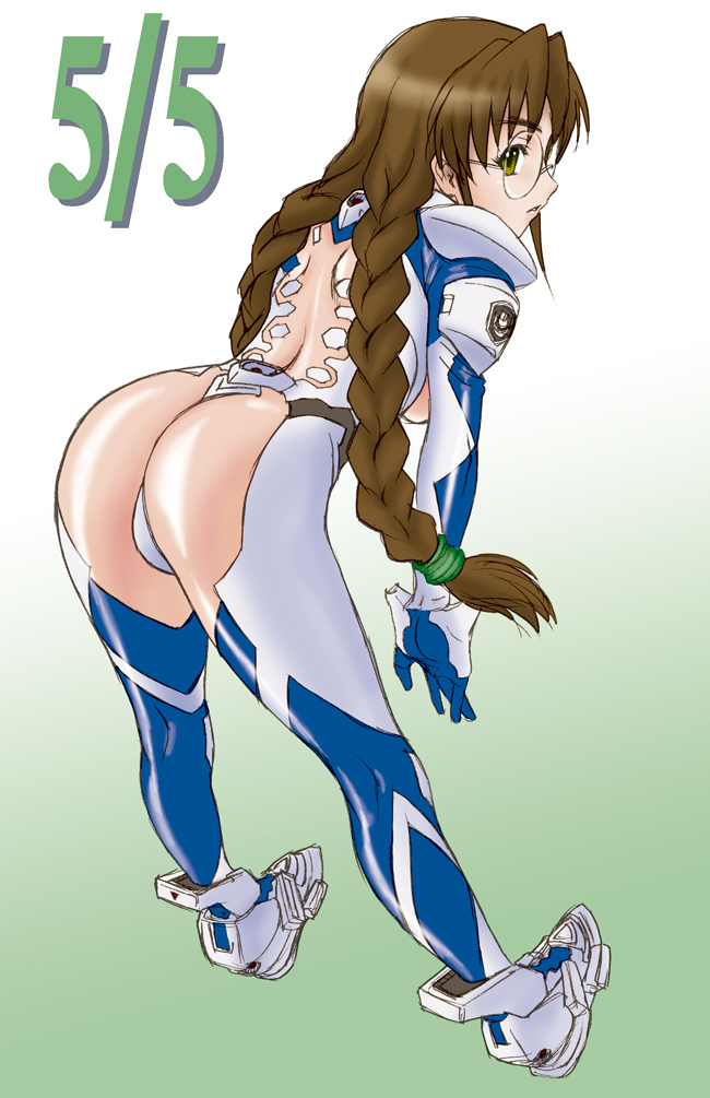 misnon the great, sakaki chizuru, muv-luv, pilot suit, 1girl, ass, bodysuit, braid, brown hair, female focus, fortified suit, glasses, mecha pilot suit, solo, twin braids, yellow eyes