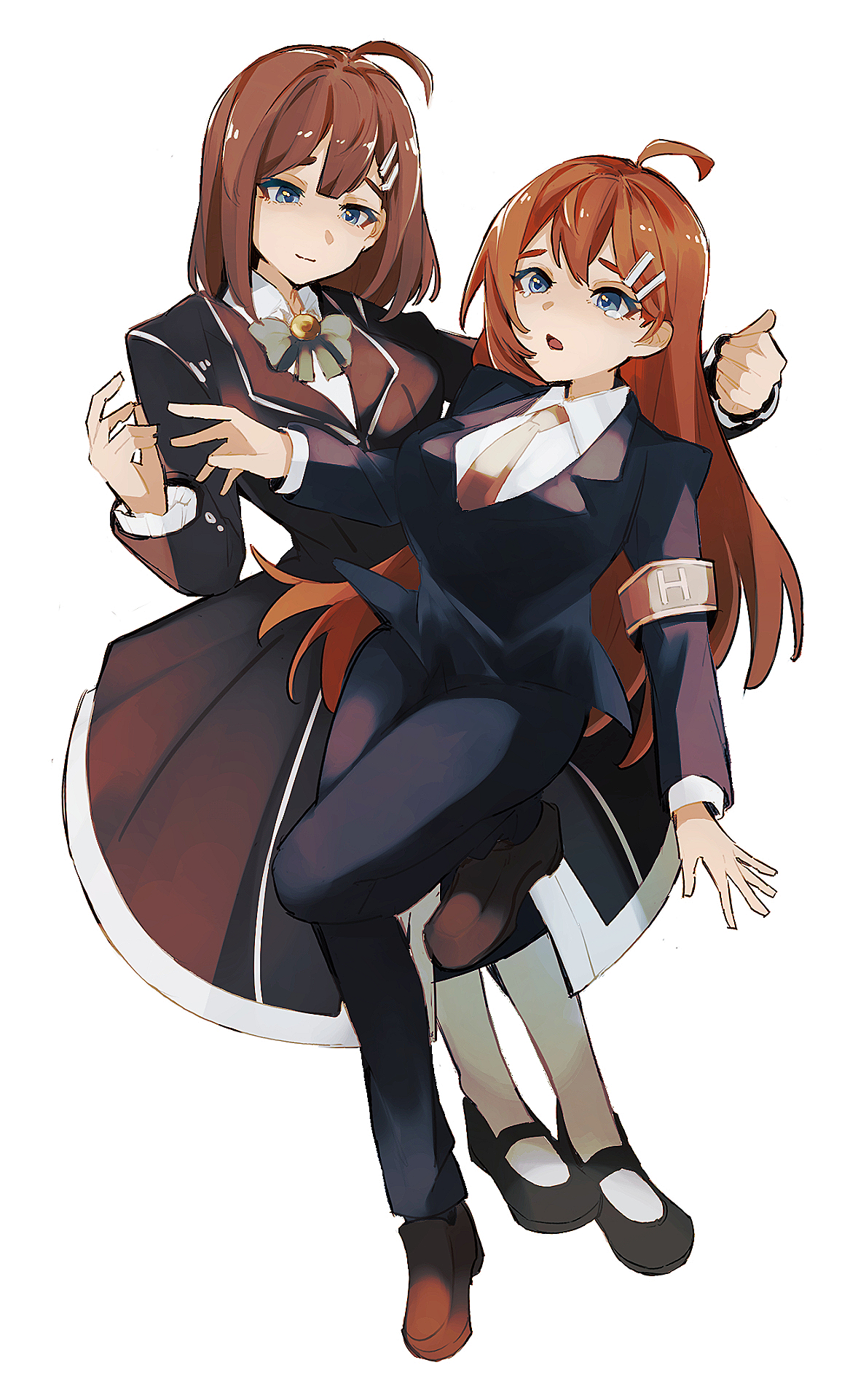 nakame77, hod (project moon), library of ruina, lobotomy corporation, project moon, highres, 2girls, ahoge, armband, black jacket, black pants, black shoes, blue eyes, bow, bowtie, brown armband, brown coat, brown hair, brown necktie, brown shoes, coat, collared shirt, full body, green bow, green bowtie, hair ornament, hairclip, jacket, long hair, long sleeves, looking at another, looking at viewer, multiple girls, necktie, open mouth, pants, pantyhose, shirt, shoes, simple background, standing, white background, white pantyhose, white shirt